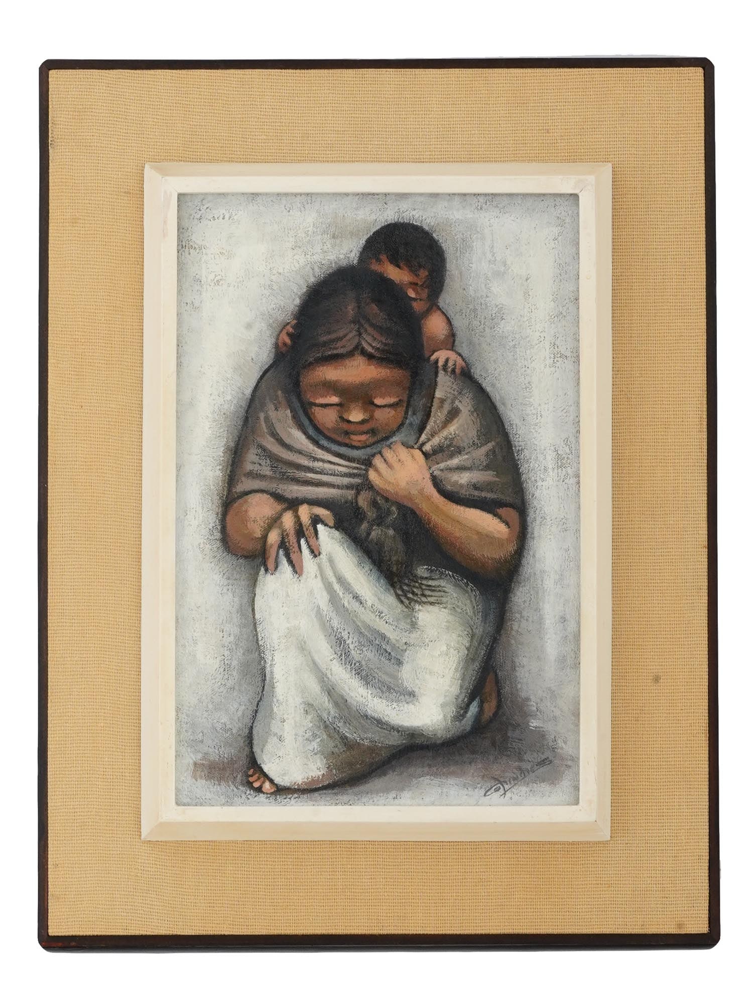 MEXICAN OIL PAINTING MOTHER AND CHILD SIGNED: Oil on canvas painting. Latin American, mid-20th century. The artwork depicts a woman carrying a child on her back. Illegibly signed in the lower right, Daimes. In the manner of Diego Rivera, 1886 to