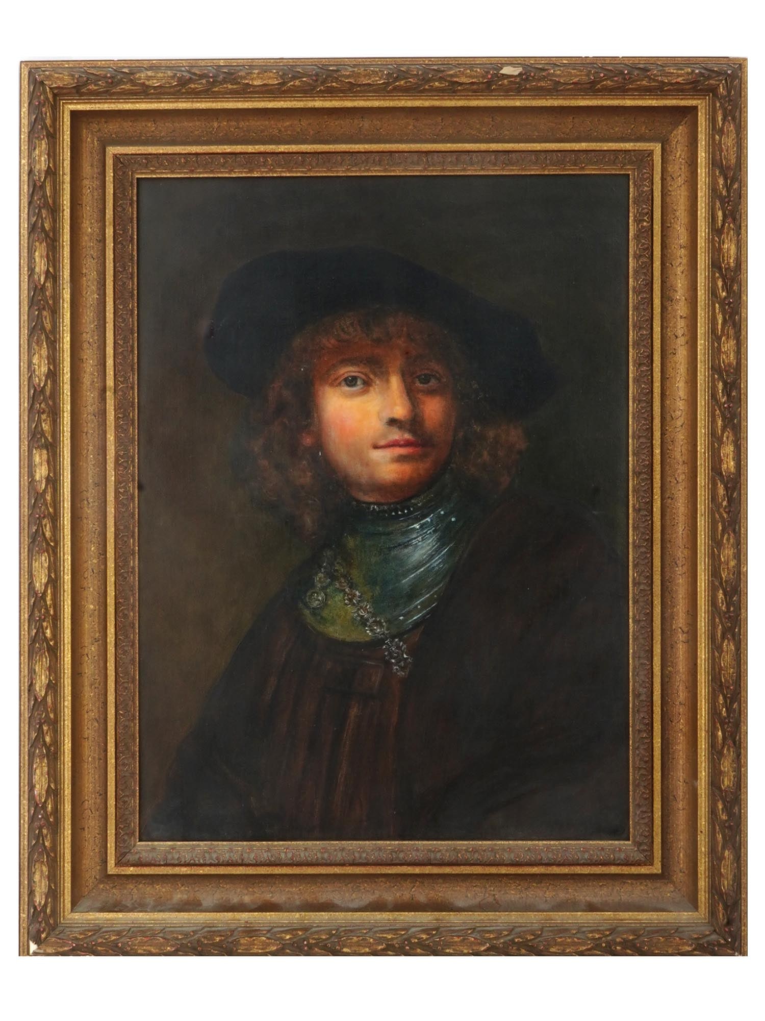 ANTIQUE OIL PORTRAIT PAINTING AFTER REMBRANDT: An antique oil on canvas portrait painting of a young man with a beret and collar after self portrait of Rembrandt van Rijn. This is a copy of Rembrandt's self portrait as a young man, which he painte