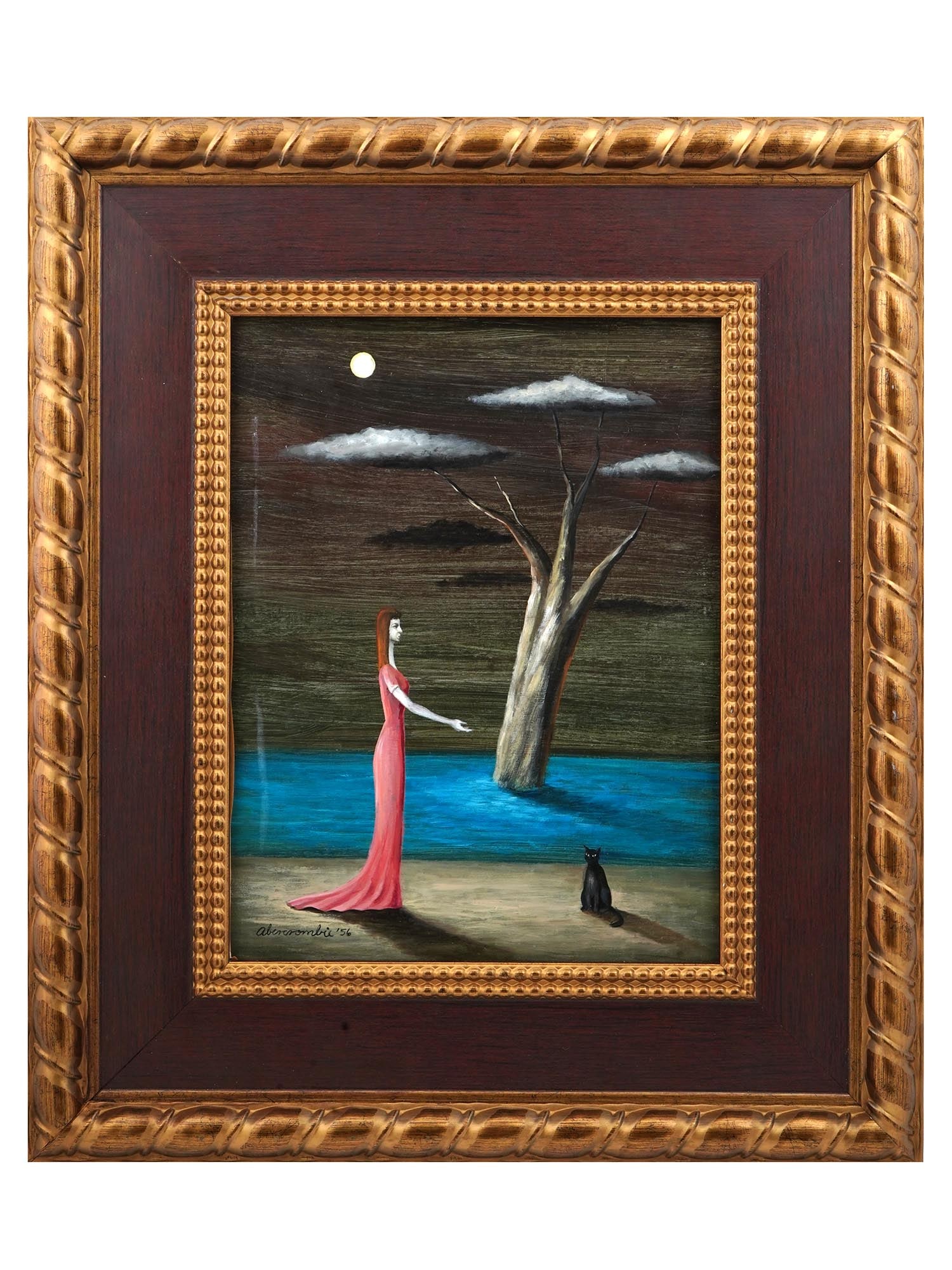 SURREALIST OIL PAINTING ATTR GERTRUDE ABERCROMBIE: Oil on masonite board painting attributed to Gertrude Abercrombie, 1909 to 1977, an American painter based in Chicago famous for her bohemian lifestyle. The artwork represents a Surrealist composition