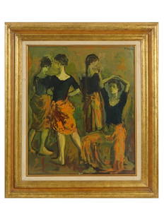 AMERICAN OIL PAINTING OF DANCERS BY MOSES SOYER: Oil on canvas painting by Moses Soyer, 1899 to 1974, a Russian-born American artist associated with the Ashcan School, twin brother of the painter Raphael Soyer. The artwork represents four female