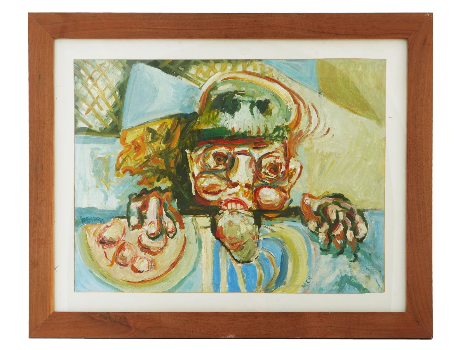 AMERICAN OIL PAINTING BY MARCO CELOTTI CLOWN 1982: An American oil painting by Marco Celotti, titled Clowns Supper, 1982. The painting in an expressive form, with broad strokes, depicts a man gnawing his teeth into food. His two hands on the right and