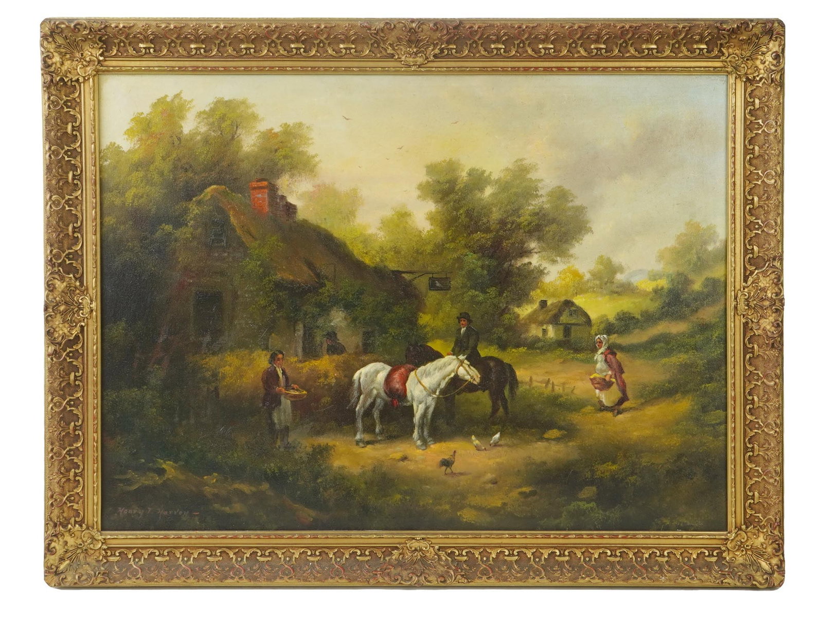 AMERICAN OIL PAINTING ON CANVAS BY HENRY T HARVEY: A vintage American oil painting on canvas by Henry T. Harvey. The painting depicts a genre scene with a group of people dressed in 19th century fashion and horses near village houses. Signed lower lef