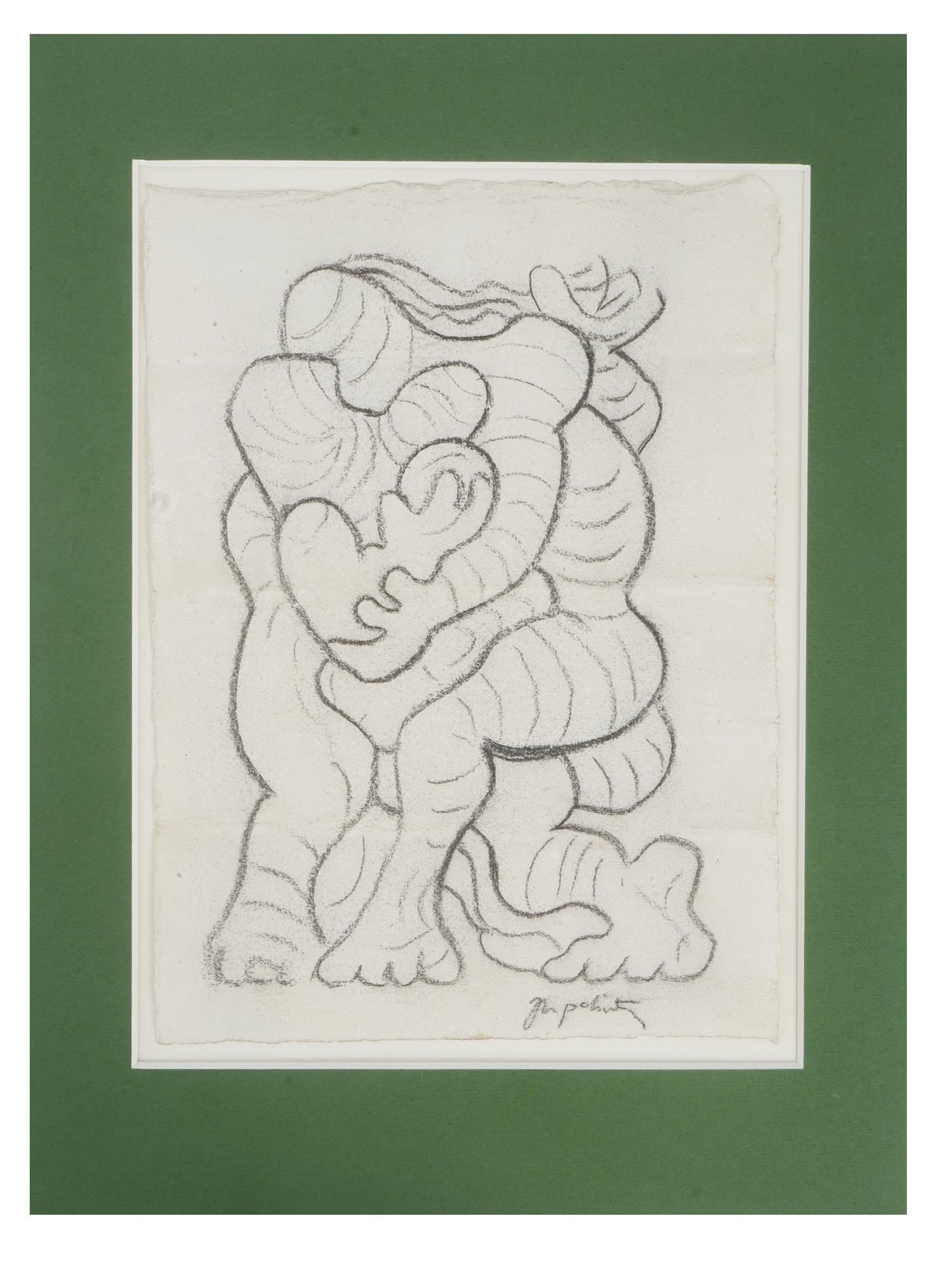 FRENCH CHILD CHARCOAL PAINTING BY JACQUES LIPCHITZ: Jacques Lipchitz, French, American artist, 1891 to 1973, charcoal painting on wove paper, a sketch Couple and Child. Signed lower right. Matted. Jacques Lipchitz was a French Cubist sculptor, the arti