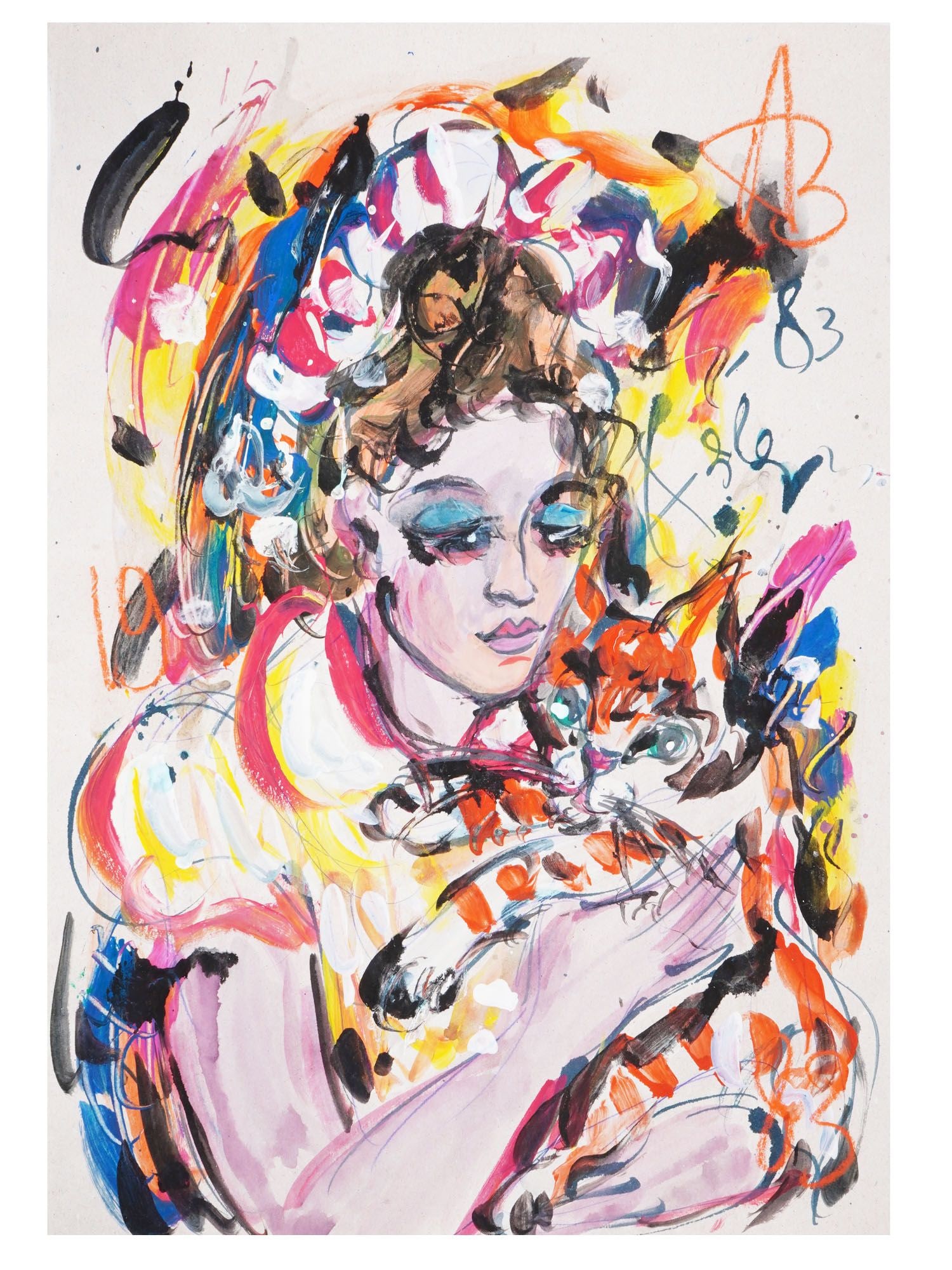 RUSSIAN MIXED MEDIA PAINTING BY ANATOLY ZVEREV: Mixed media painting, by Anatoly Zverev, 1931 to 1986, a Russian Nonconformist artist. Oil paint and pastel on paper. The artwork represents an abstract female portrait. Signed by the artist and dated