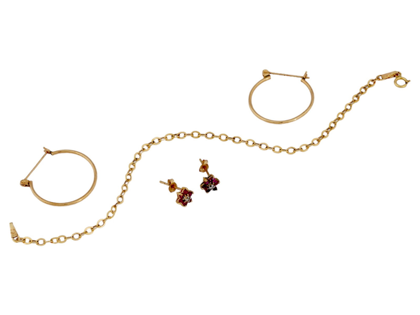 VINTAGE 14K GOLD HOOP EARRINGS AND CHAIN BRACELET (1 of 9)