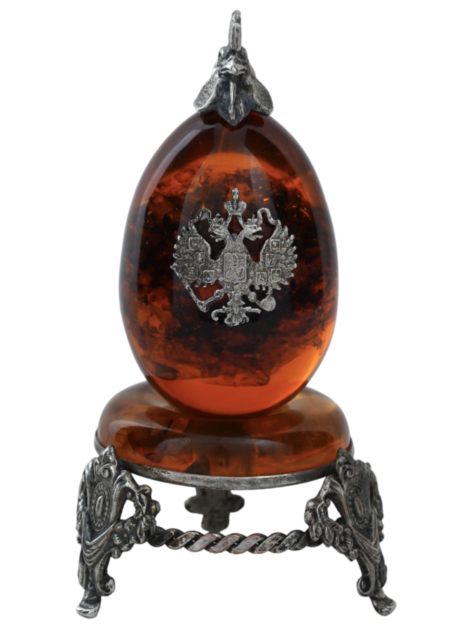 RUSSIAN IMPERIAL 84 SILVER CARVED AMBER EGG W STAND (1 of 10)