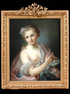 ROSALBA CARRIERA ANTIQUE FRENCH PASTEL PAINTING: An antique 19th century pastel on paper laid on canvas painting depicting a portrait of a charming young lady, after the original painting Nymph from Apollos Retinue, 1721, by Rosalba Carriera, Italia