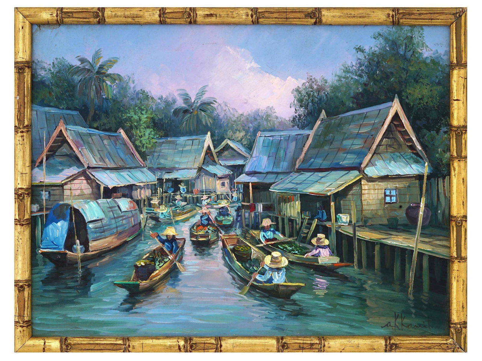 VIETNAMESE RIVER LANDSCAPE OIL PAINTING SIGNED (1 of 4)