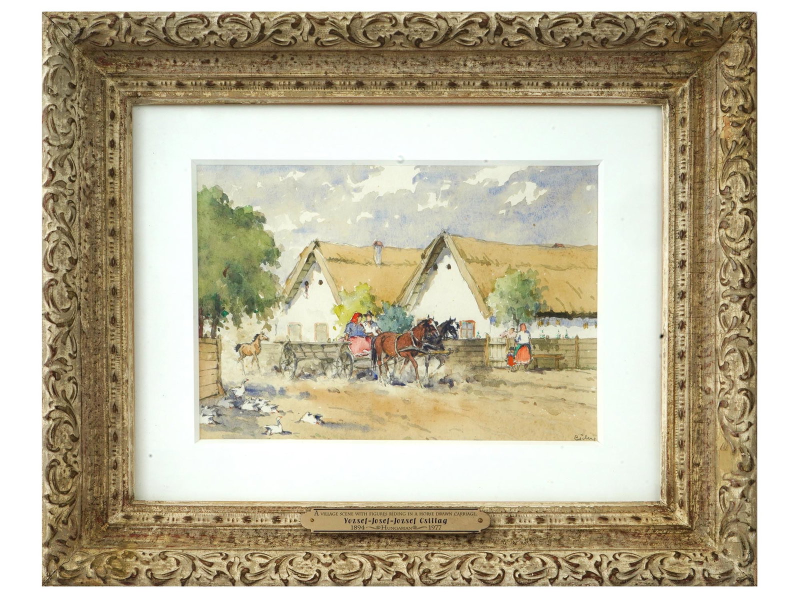 HUNGARIAN WATERCOLOR PAINTING BY JOZSEF CSILLAG: A vintage Hungarian watercolor painting by Jozsef Csillag titled A Village Scene With Figures Riding in a Horse Drawn Carriage. Circa the first half of the 20th century. The painting depicts a genre s