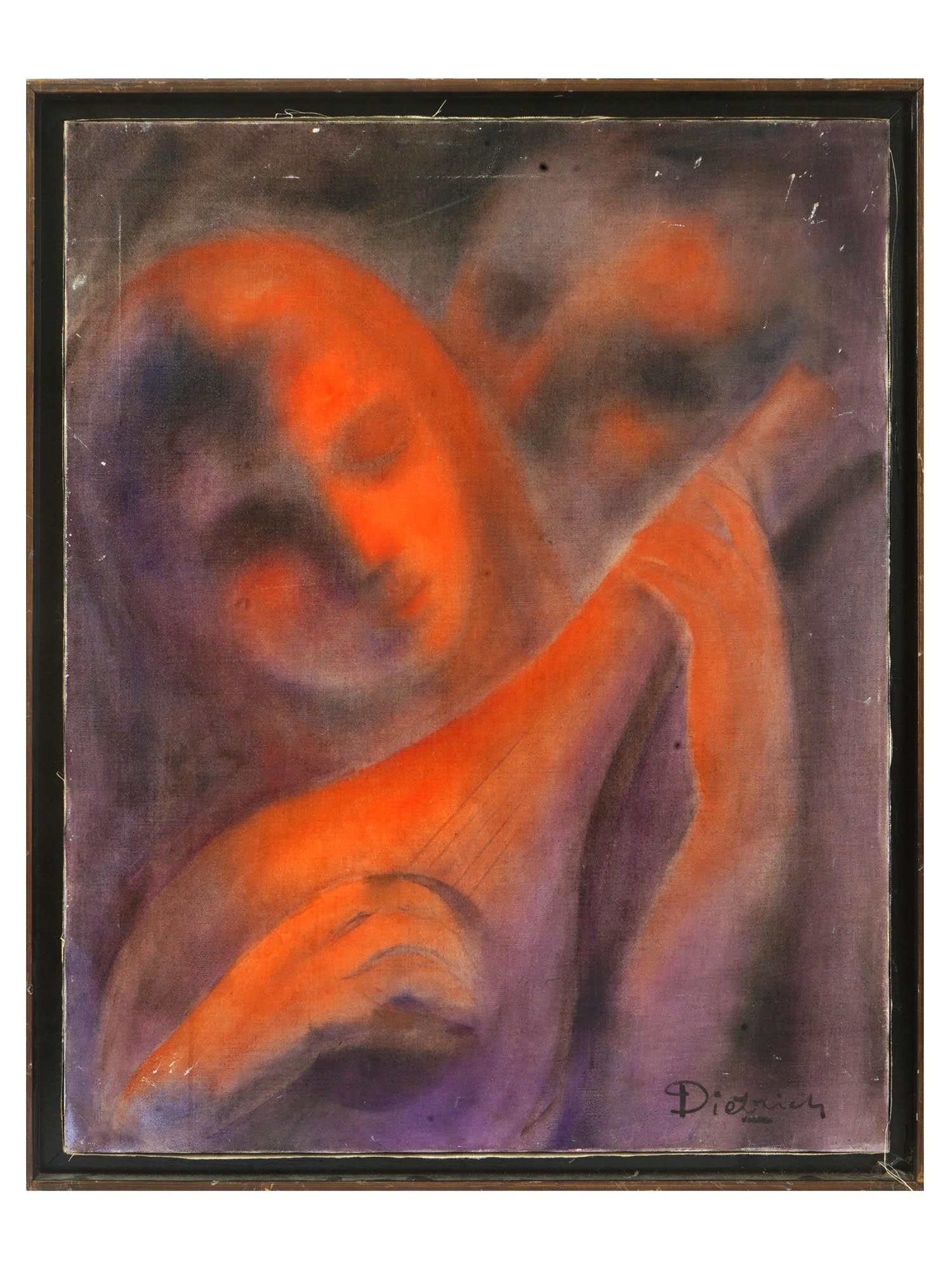 HERMANN DIETRICH MODERNIST AMERICAN OIL PAINTING 1969: Hermann Dietrich, American, 1916 to 2003, an oil on canvas painting depicting a portrait of a lady playing the lute, 1969. Signed by the artist lower right. Has a commemorative inscription addressed t