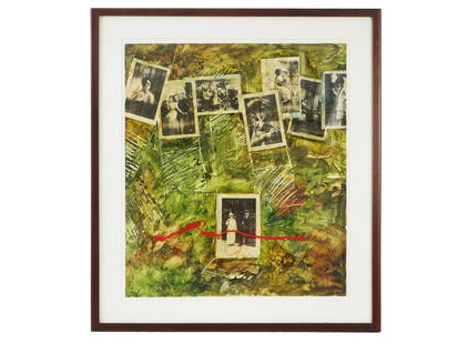 1995 RUSSIAN COLLAGE PAINTING BY ANATOLY BELKIN: Anatoly Belkin, Russian, born 1953, an oil painting with photograph collage on canvas. Signed by the artist and dated 1995 lower right. Matted and framed. Belkins artistic vision extends beyond indivi