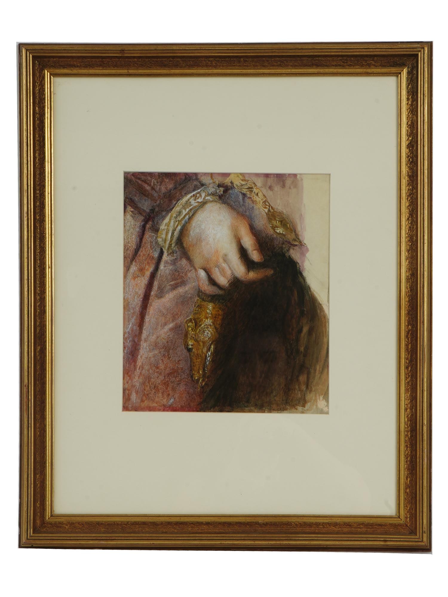 THOMAS EAKINS ANTIQUE AMERICAN MIXED MEDIA PAINTING: Thomas Cowperthwaite Eakins, American, French, 1844 to 1916, an antique gouache and watercolor painting on heavy paper depicting a hand holding a scarf. Signed lower right. Circa: 1908. Framed. An ori