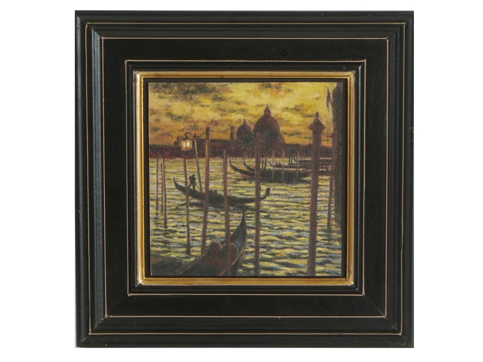 AMERICAN ROBERT REINHART VENICE OIL PAINTING: An American oil painting on canvas by Robert Reinhart, born 1958, titled Venice, San Marco Bay. The fine painting depicts an evening scene in Venice with boats on the water. One of the boats with the 