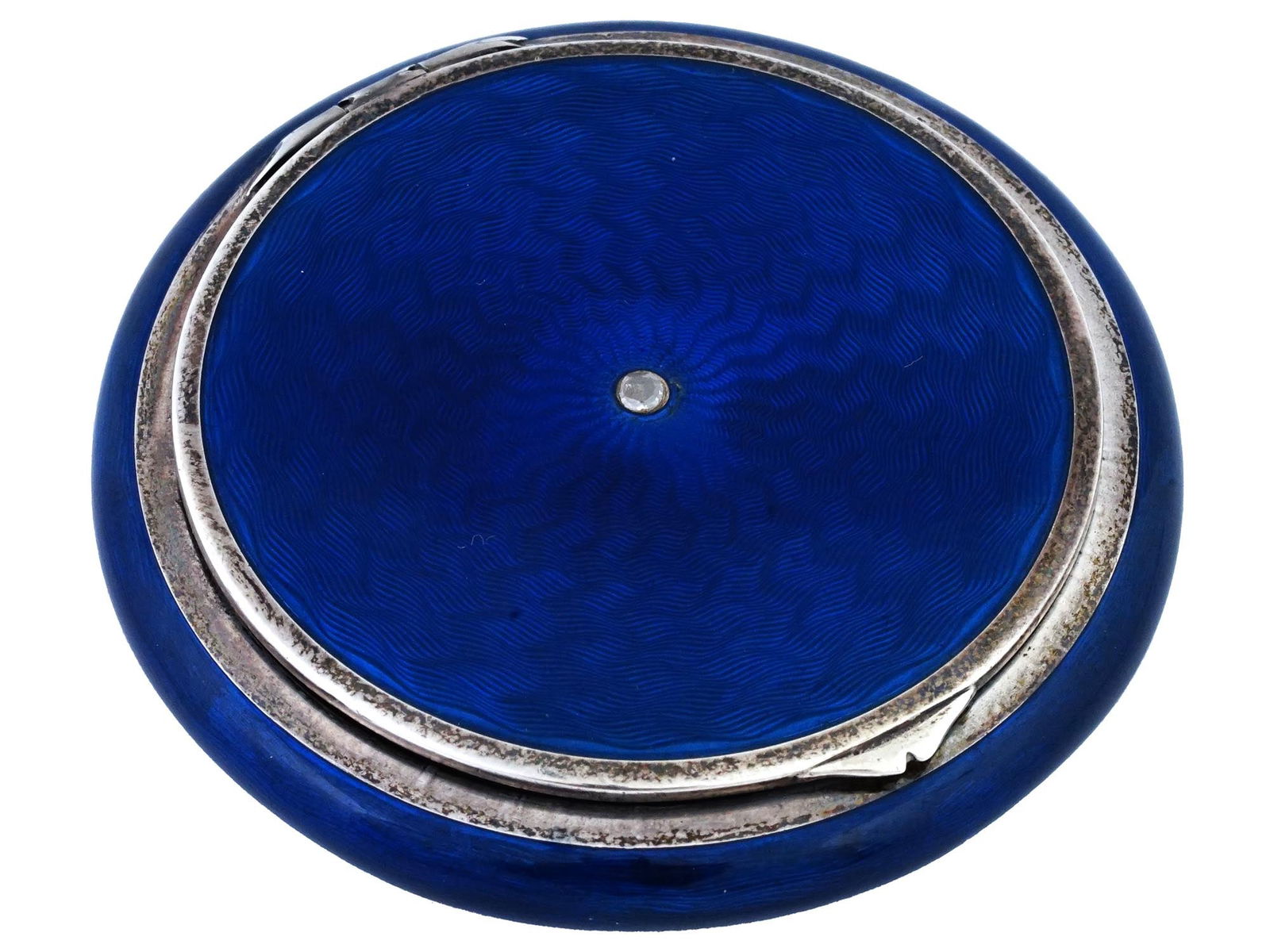ANTIQUE SILVER GUILLOCHE ENAMEL COMPACT W MIRROR (1 of 6)