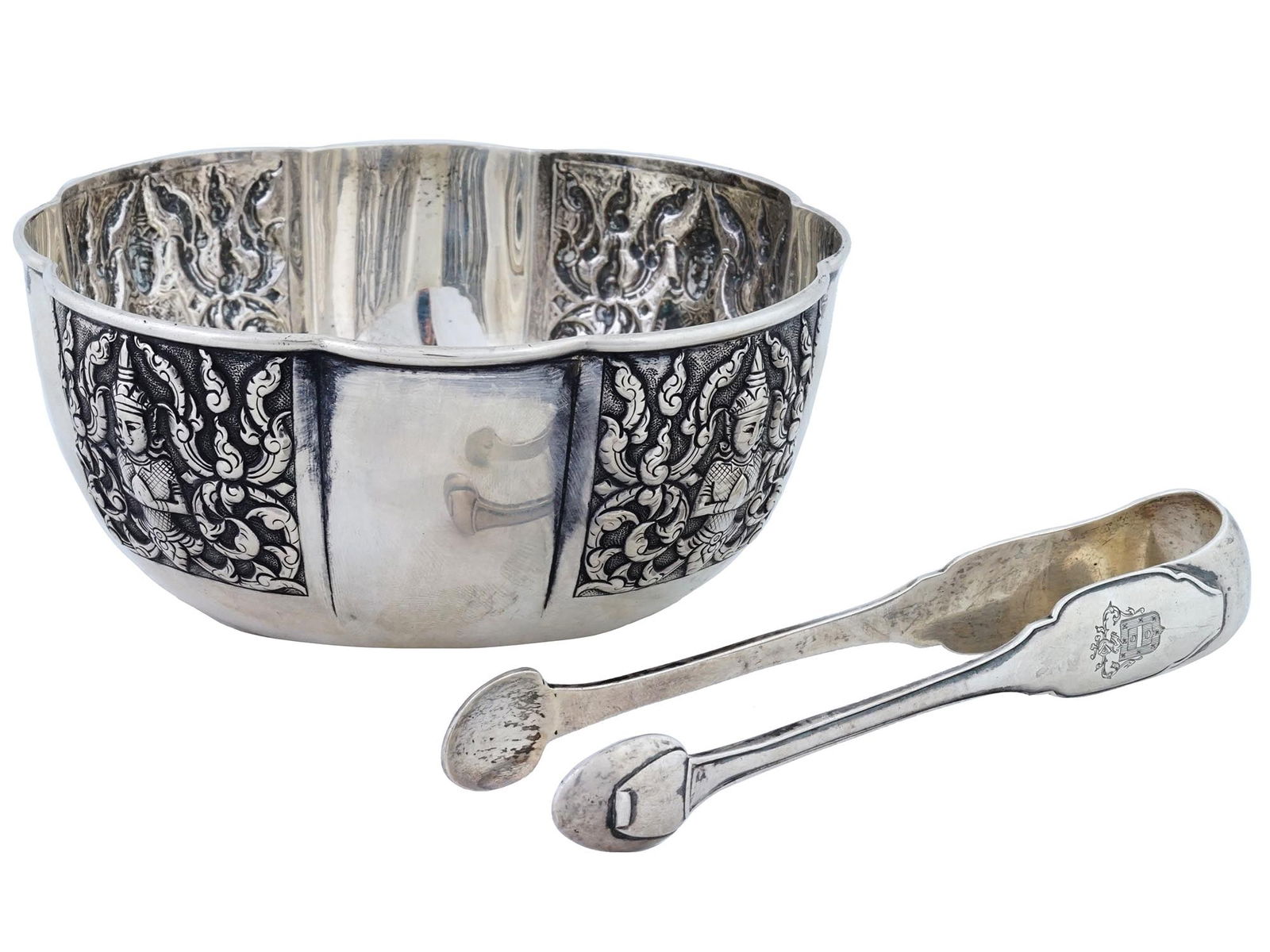 VINTAGE SOUTHEAST ASIAN BOWL W BRITISH SUGAR TONGS (1 of 7)