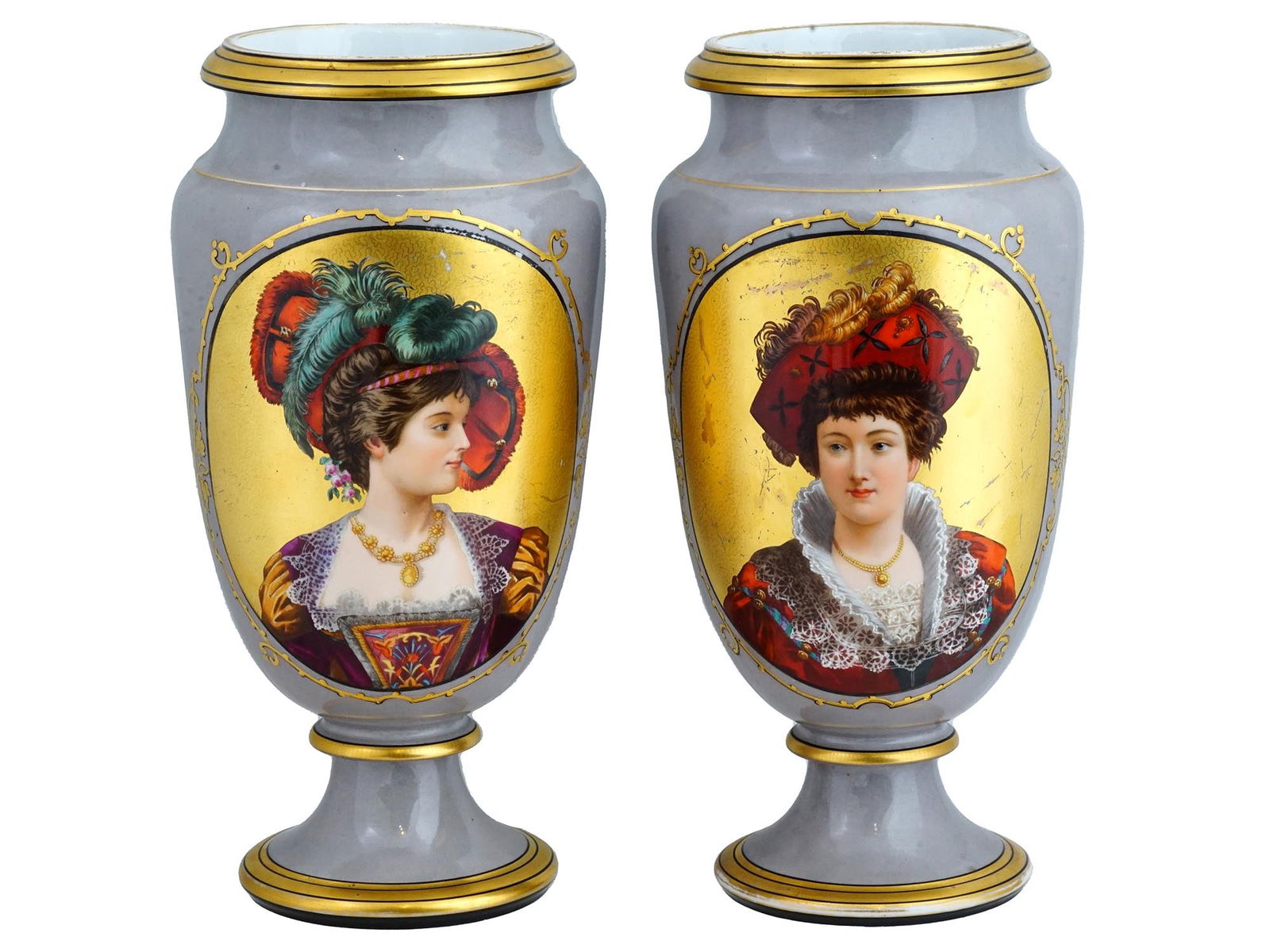 ANTIQUE FRENCH OLD PARIS GILT PORCELAIN PORTRAIT VASES (1 of 6)