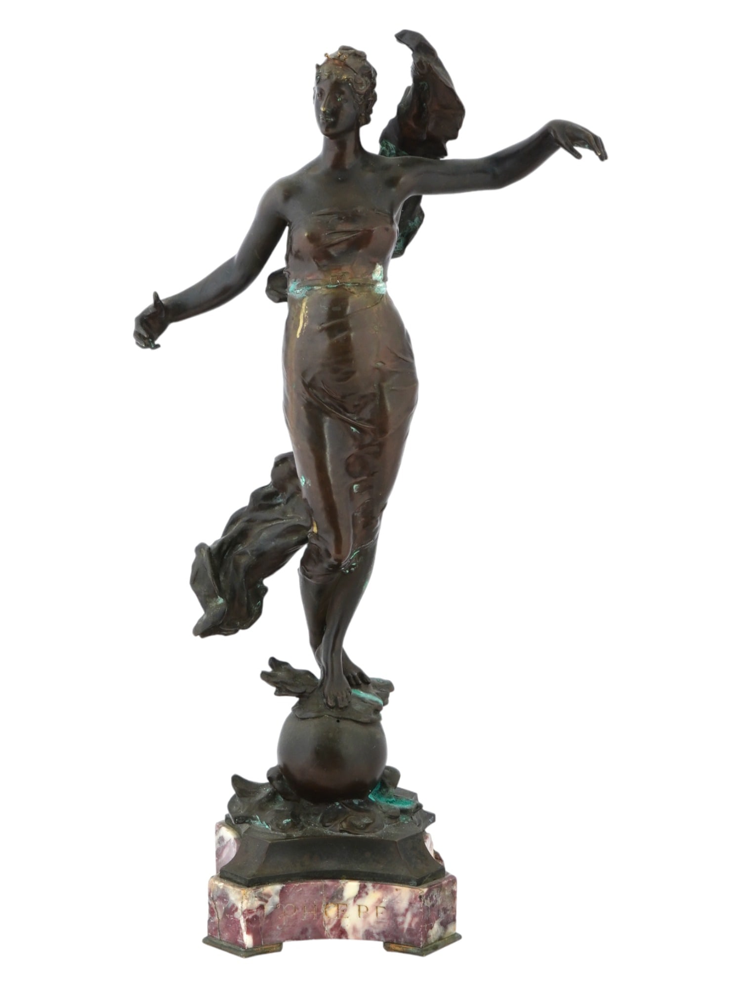 ANTIQUE FRENCH BRONZE SCULPTURE BY EUGENE MARIOTON: Eugene Marioton, French, 1857 to 1933, brown patina bronze, Phoebe. Marked, Salon 1889, on a base. Mounted on a purple breccia stand. Eugene Marioton was a French sculptor and medalist. He was a broth