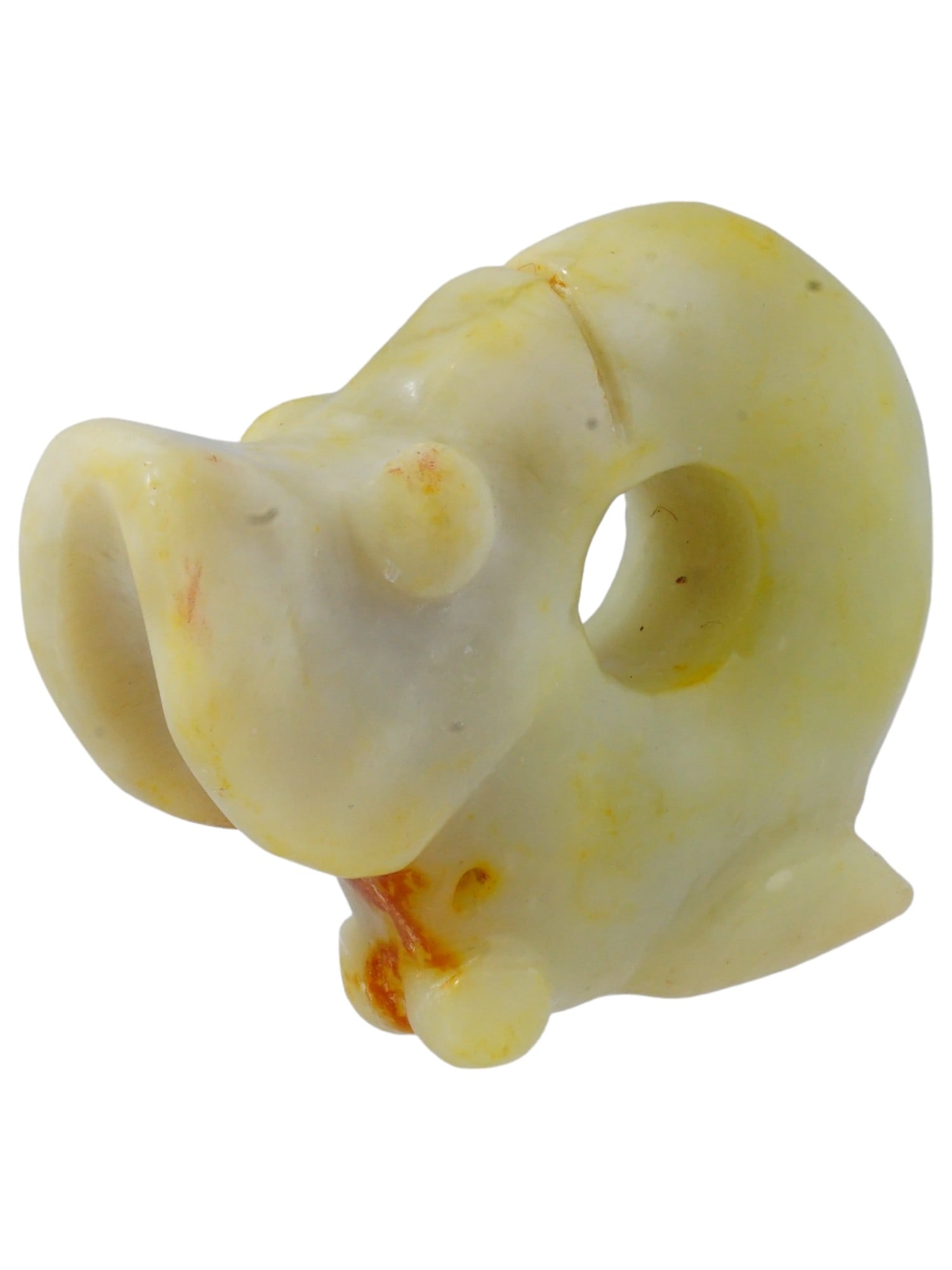 ANTIQUE CHINESE DRAGON CARVED JADE AMULET PENDANT: An antique Chinese hand carved patinated Jade amulet pendant in a celadon shade. The pendant is made in the shape of a mythological creature. An opening for wearing in the center. Circa: early 20th ce