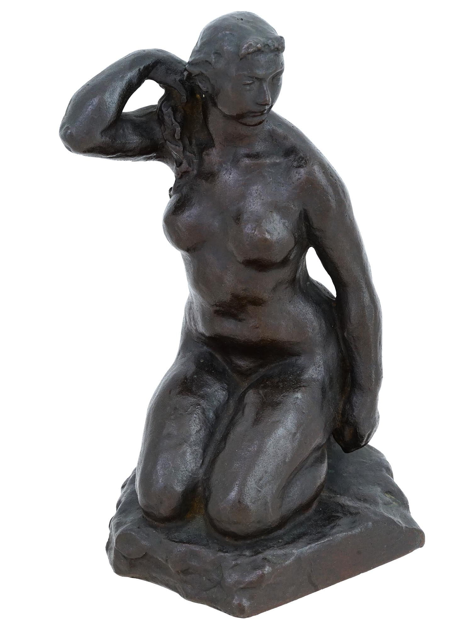VINTAGE JAPANESE BRONZE NUDE FEMALE SCULPTURE: A vintage Japanese bronze sculpture depicting a nude girl in a contemplative pose, seated on her knees and delicately holding her hair with one hand. Crafted with exquisite detail and precision, this 