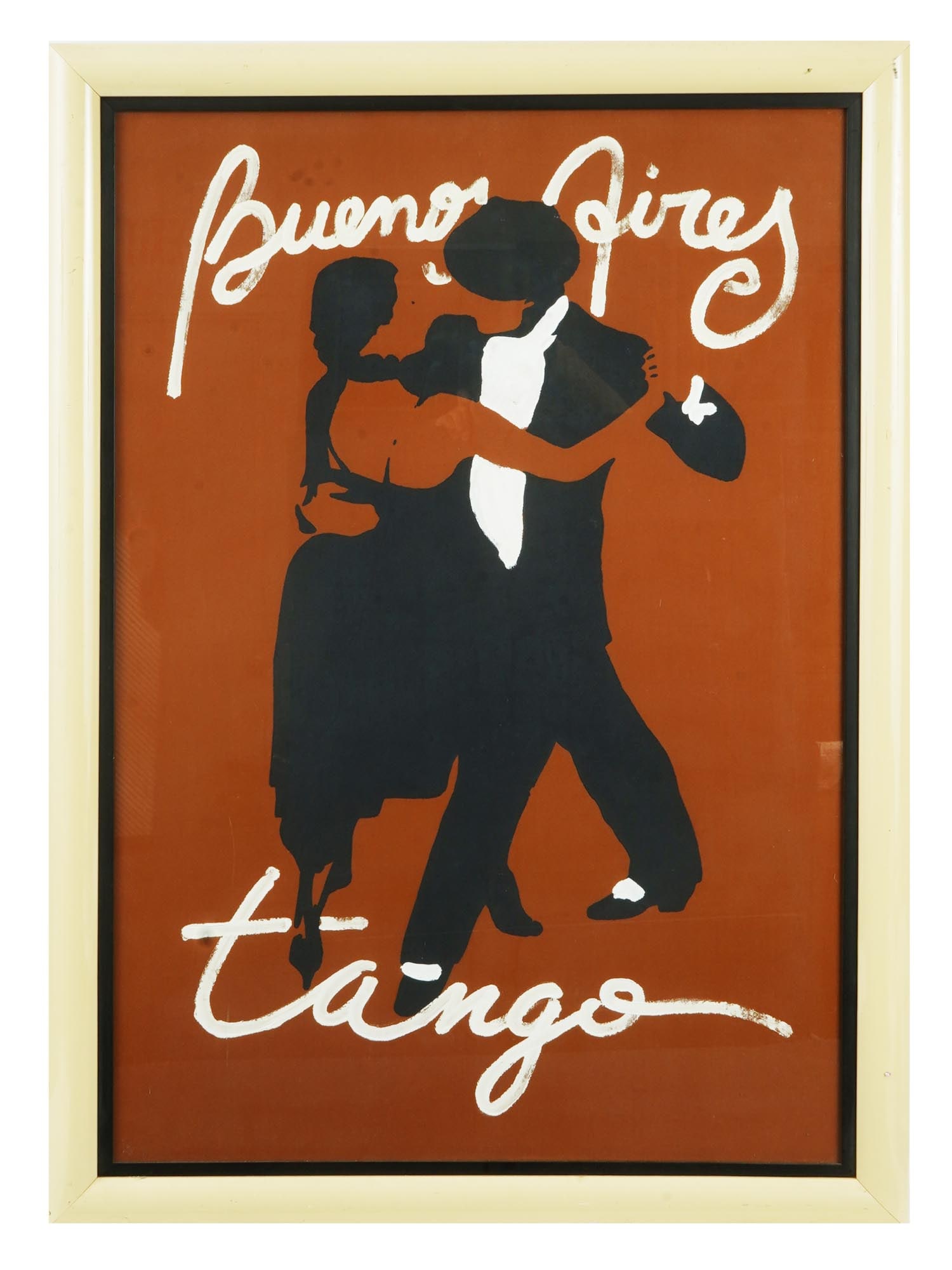 VINTAGE ARGENTINE TANGO OIL ON SILK PAINTING: A vintage oil on red silk fabric painting. The piece represents a silhouette of a dancing couple and inscription Buenos Aires Tango. White frame. Collectible Fine Art And Wall Decor, Latin American Tr