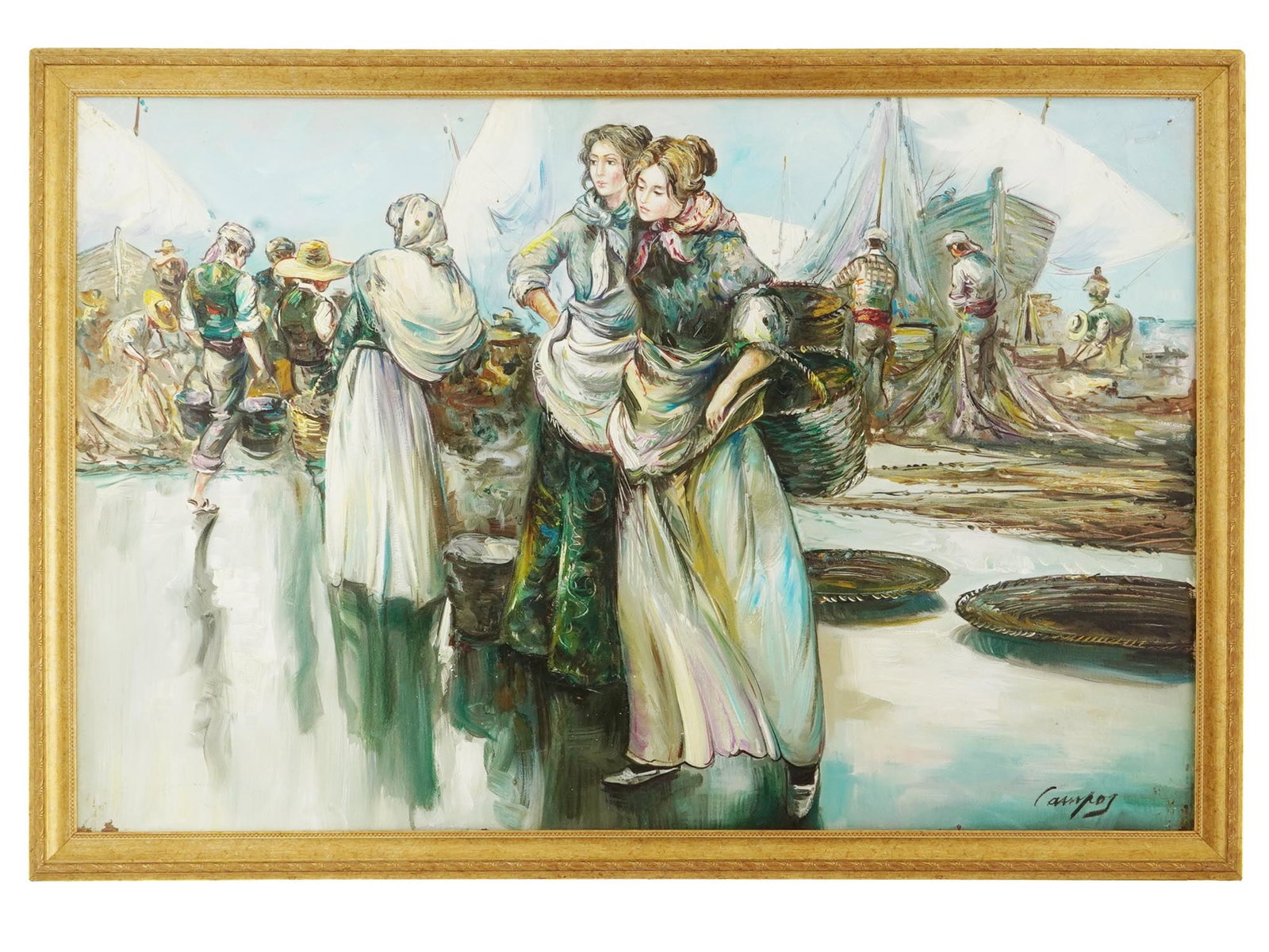 LATIN AMERICAN OIL PAINTING ON CANVAS BY CAMPOS: A Latin American oil painting on canvas by Campos, depicting a genre port scene. Two girls standing with empty baskets on the shore peer into the distance, waiting for a fishing boat. Signed lower on 
