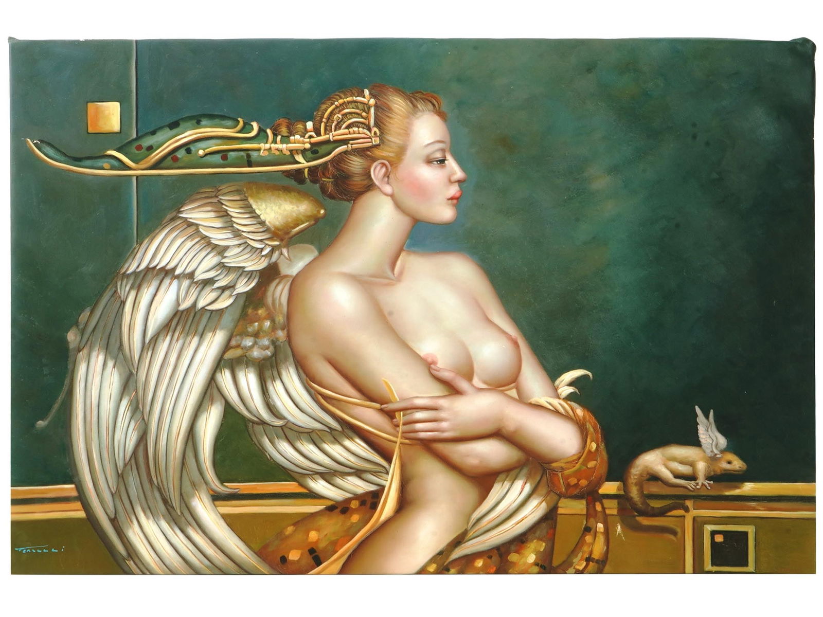 AFTER MICHAEL PARKES NUDE WOMAN PORTRAIT OIL PAINTING: A Modern oil painting on canvas depicting a portrait of a nude woman with a mythical creature in the manner of Magic Realism after the original artwork by Michael Parkes, Spanish, born 1944. Illegibly