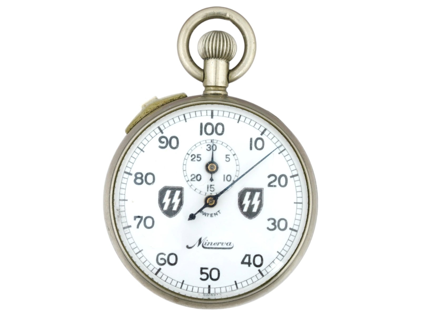 WWII MODEL NAZI GERMAN WAFFEN SS RUNES POCKET WATCH: A WWII model Nazi German Minerva Waffen SS officers pocket watch. Its dial, adorned with black Roman numerals, prominently features two pairs of SS runes insignias at the three and nine positions, sym