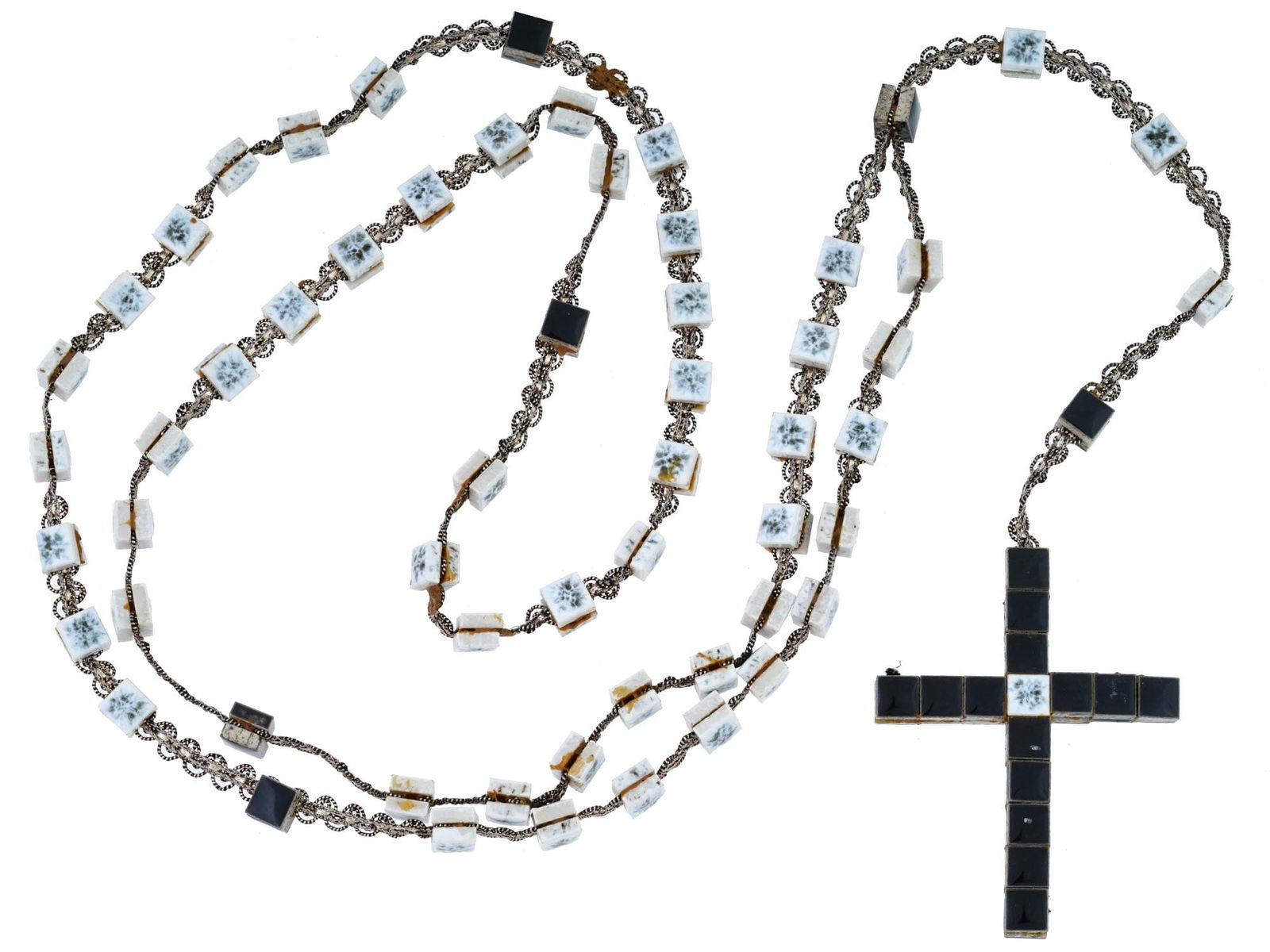 RARE PORCELAIN JET AND SILVER ALLOY CATHOLIC ROSARY (1 of 8)