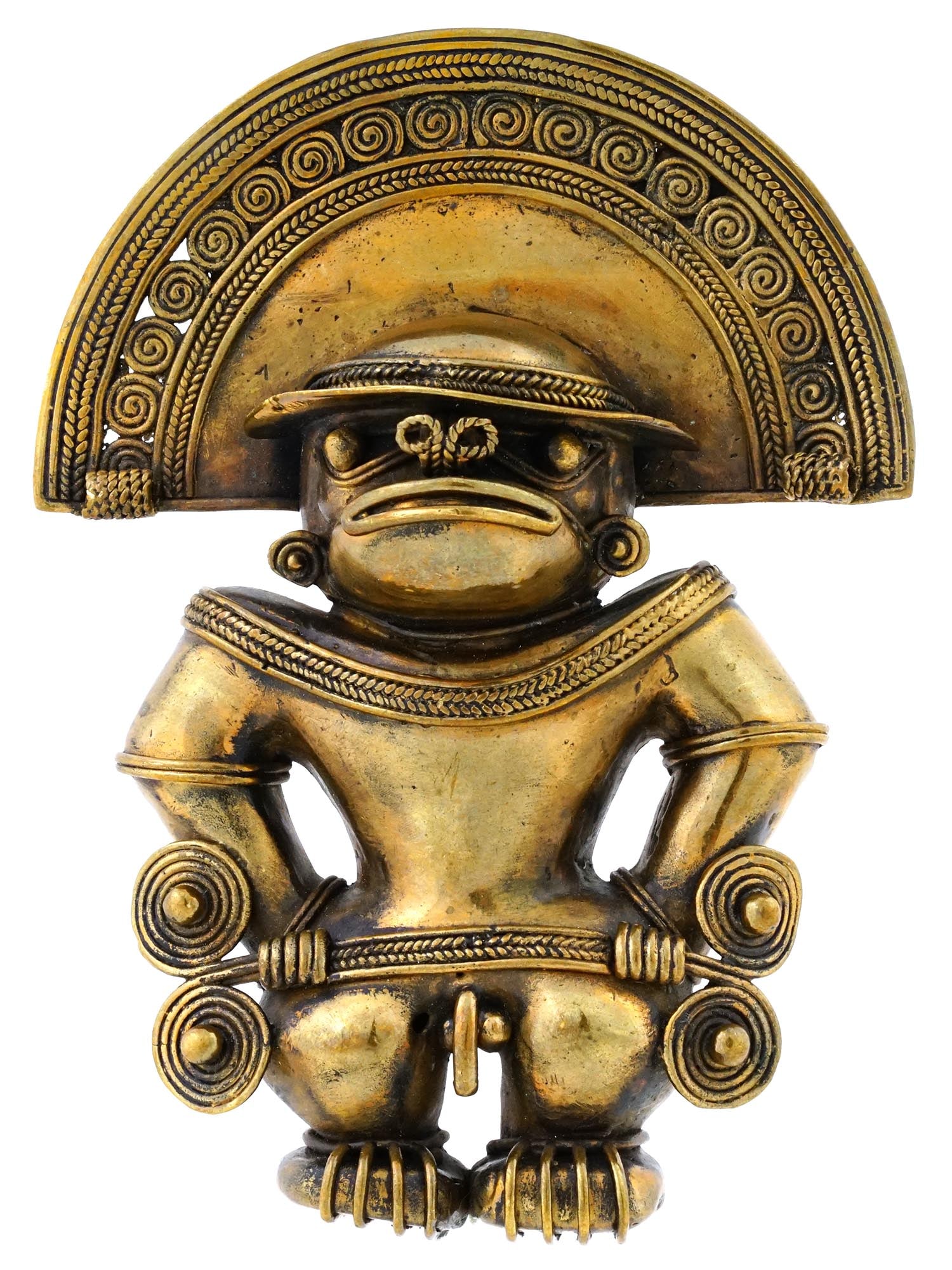 MUSEUM REPRODUCTION PRE COLUMBIAN COLOMBIA PENDANT: A museum reproduction of a Pre Columbian pendant from Colombia, Tairona civilization. The gold tone pendant features a mythical ancestor chief wearing a wide semi circular headdress adorned with a rep
