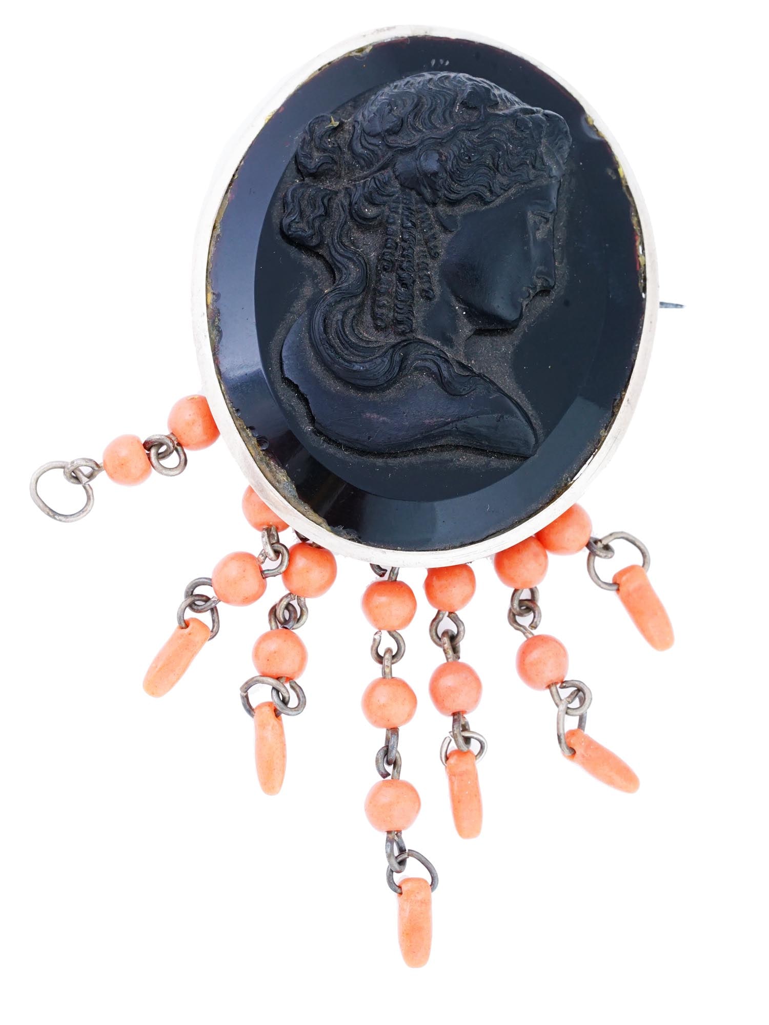 ANTIQUE 19TH C FRENCH CAMEO BROOCH W CORAL BEADS (1 of 5)