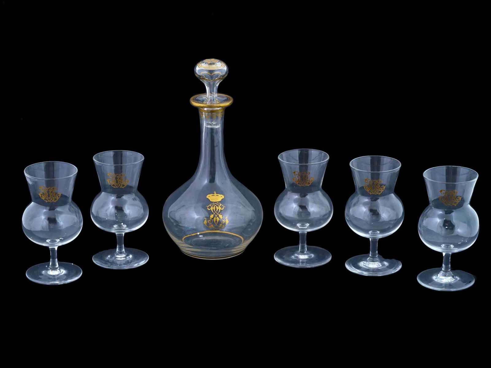VICTORIAN GILDED GLASS DECANTER AND GOBLETS SET (1 of 6)