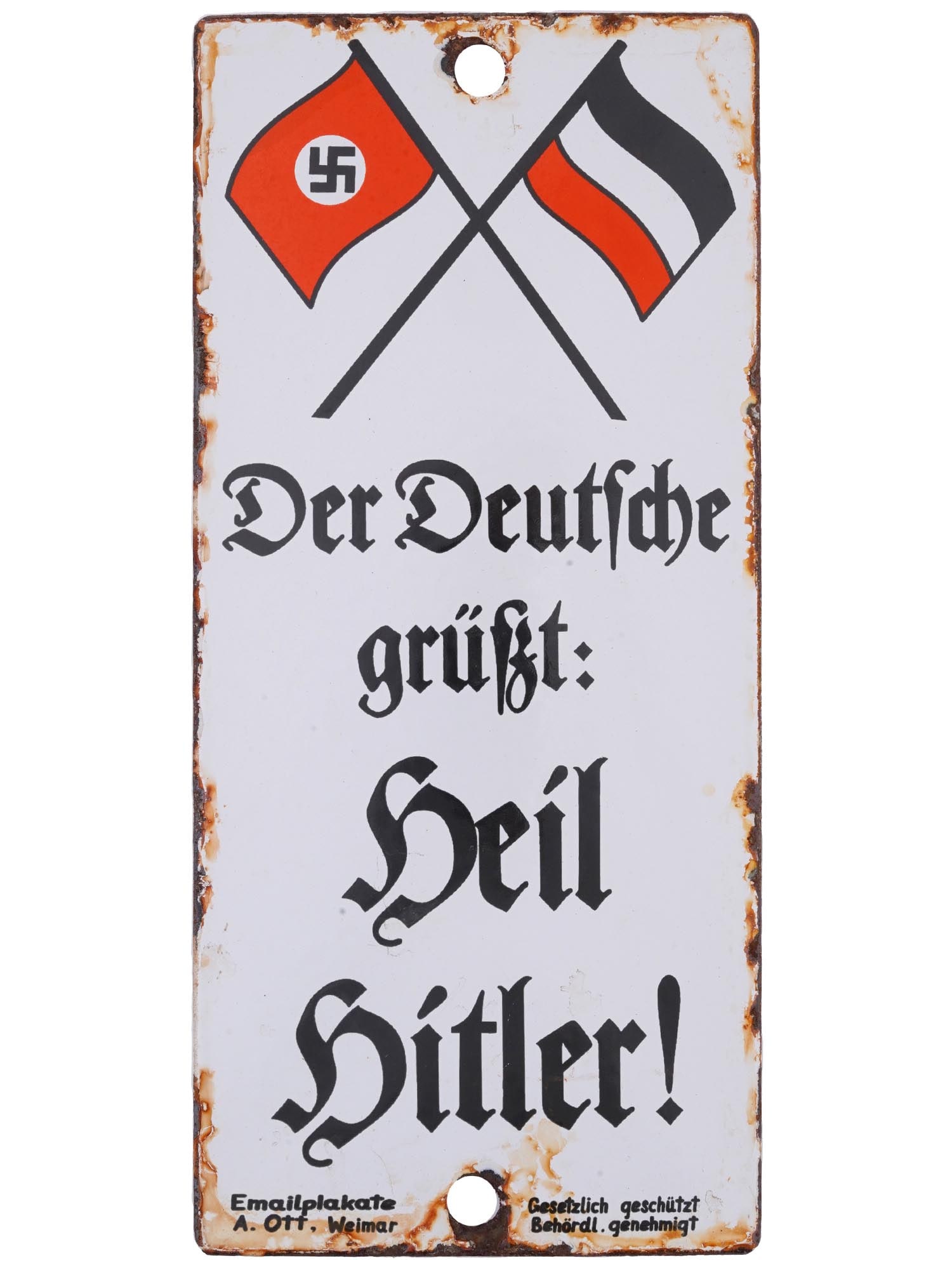 WWII NAZI GERMAN NSDAP PROPAGANDA STREET SIGN: A World War II Nazi German enameled tin plate street sign. The sign is enameled with an image of crossed the Third Reich flag and the flag of the German Empire, and inscribed in German, Der Deutsche g