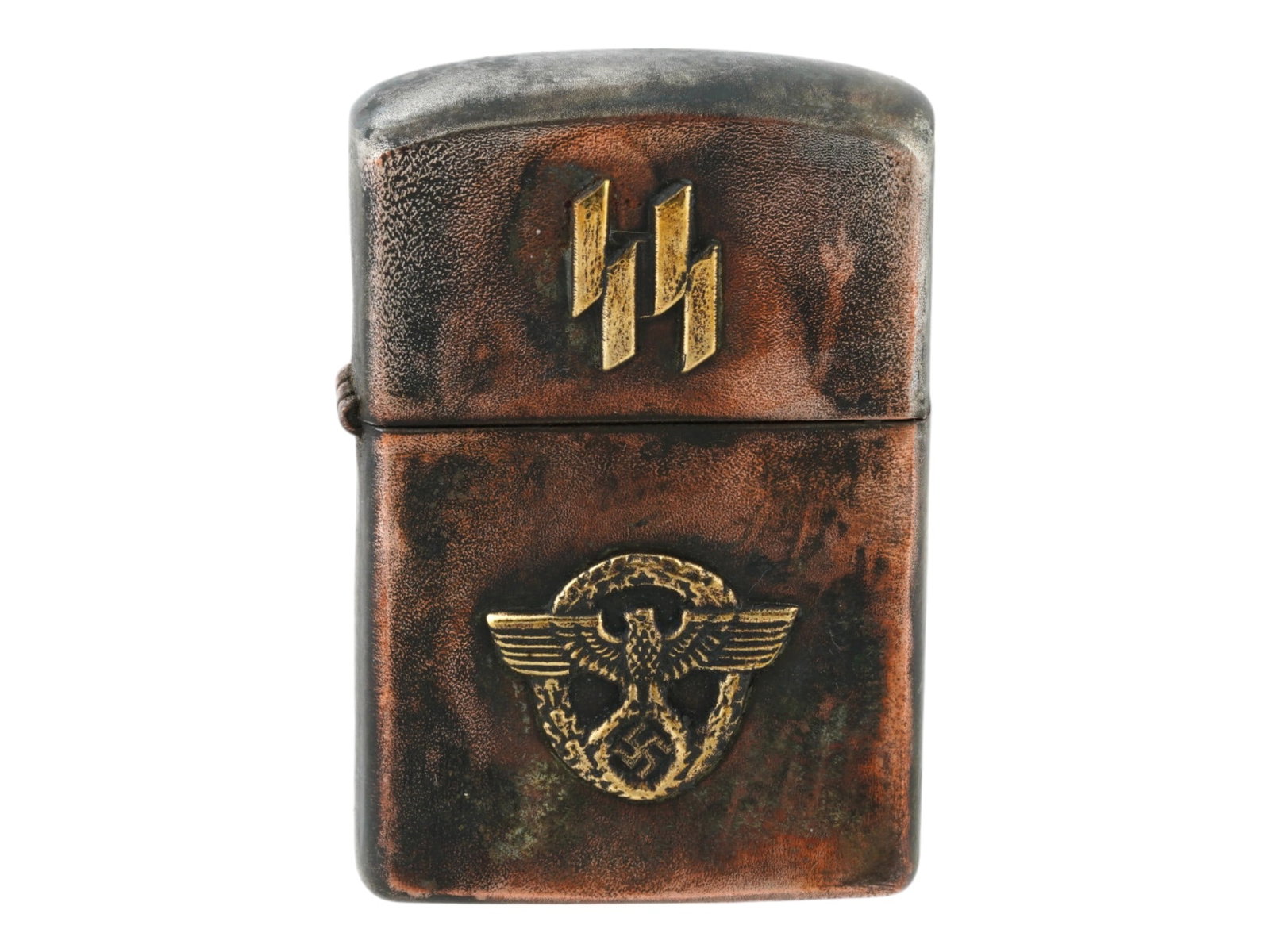 GERMAN WWII TYPE SS POLICE CIGARETTE LIGHTER: A WWII Nazi German era type Waffen SS Police cigarette lighter. The lighter is decorated with an affixed Nazi eagle clutching a swastika in an oak wreath on the body and SS runes insignias on the cove
