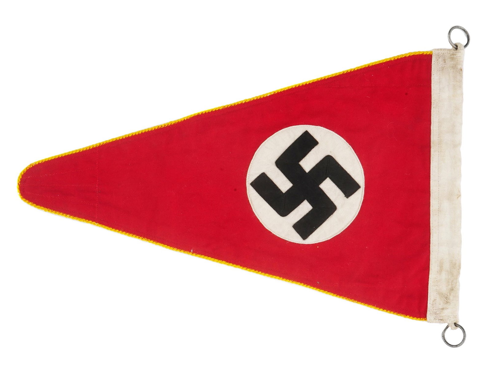 GERMAN WWII NSFK PENNANT: A WWII Nazi German era NSFK pennant. The front and the back shows a swastika insignia and a human figure with stretched wings with a swastika insignia. Double sided construction, multi piece machine e