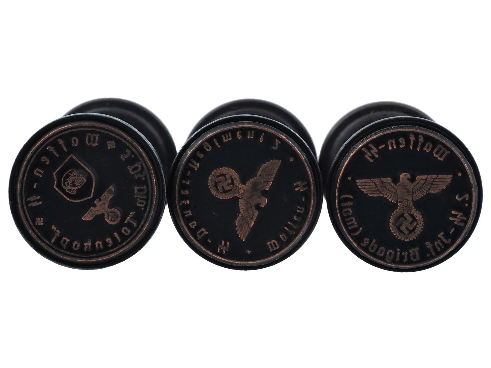 WWII TYPE NAZI GERMAN WAFFEN SS HAND STAMPS 3 PCS: A lot of WWII type German Waffen SS hand stamps: Waffen SS Division Totenkopf, 2nd Waffen SS Infantry Brigade, Waffen SS Panzer Brigade. World War II Historical Collectables And Memorabilia, Holocaust