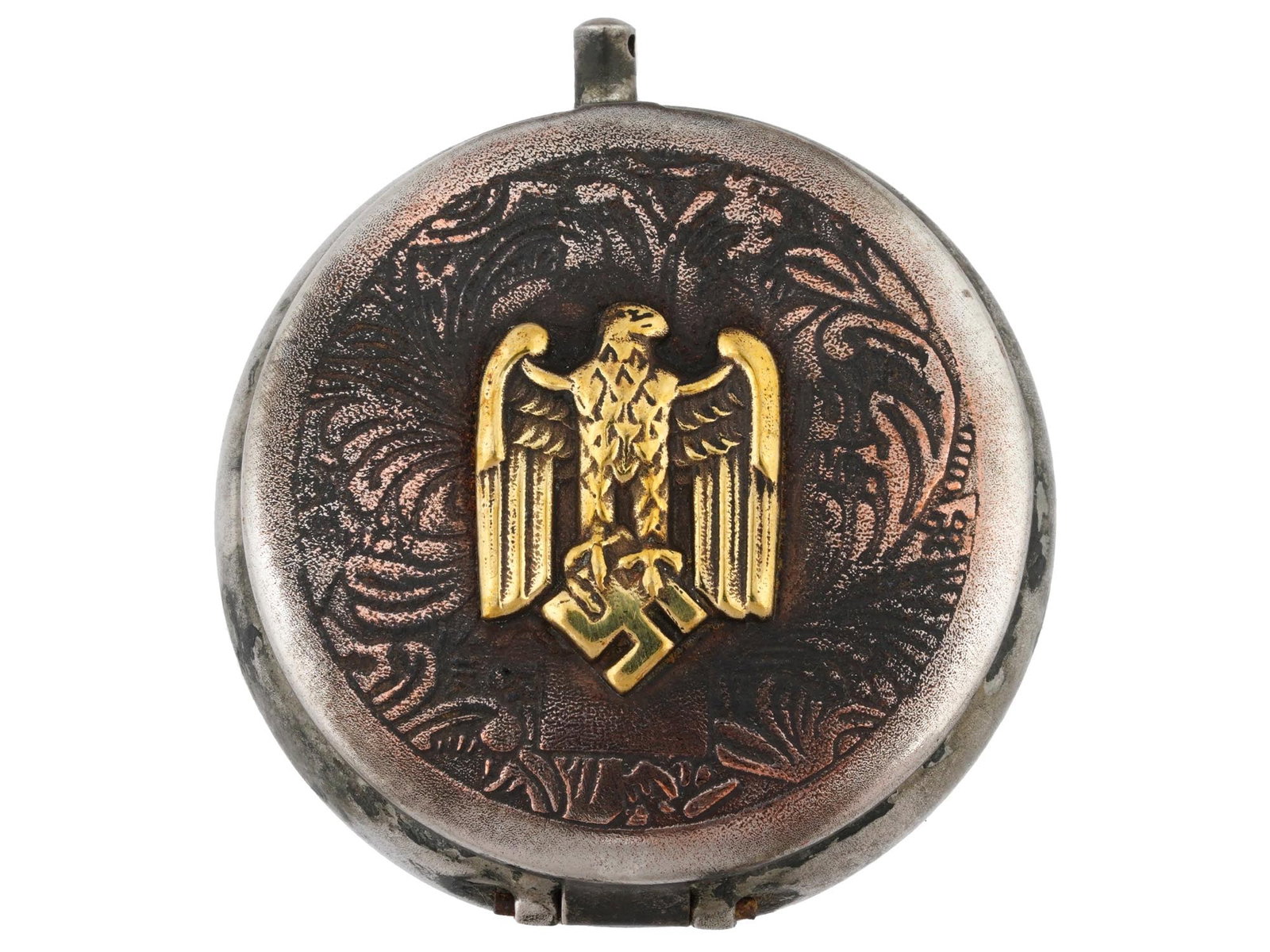GERMAN WWII MODEL ARMY OFFICERS POCKET ASHTRAY: A World War II type Nazi German stainless steel military pocket ashtray with hinged lid. The lid is decorated with embossed floral pattern and gilt overlay Reichsadler. There is a cigarette holder ins