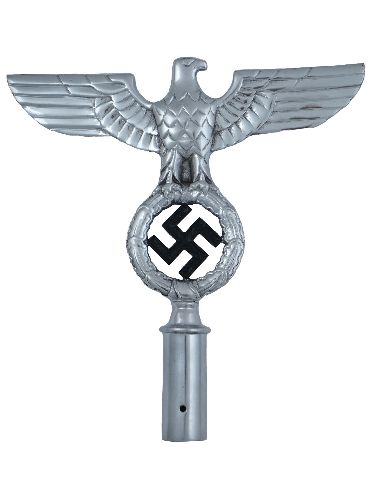 GERMAN WWII TYPE NSDAP FLAG POLE TOP: A WWII Nazi German Third Reich era type NSDAP flag pole top. The flag pole top is in the shape of a state symbol of Nazi Germany an eagle sitting on a hollow wreath with a swastika in the middle, equi