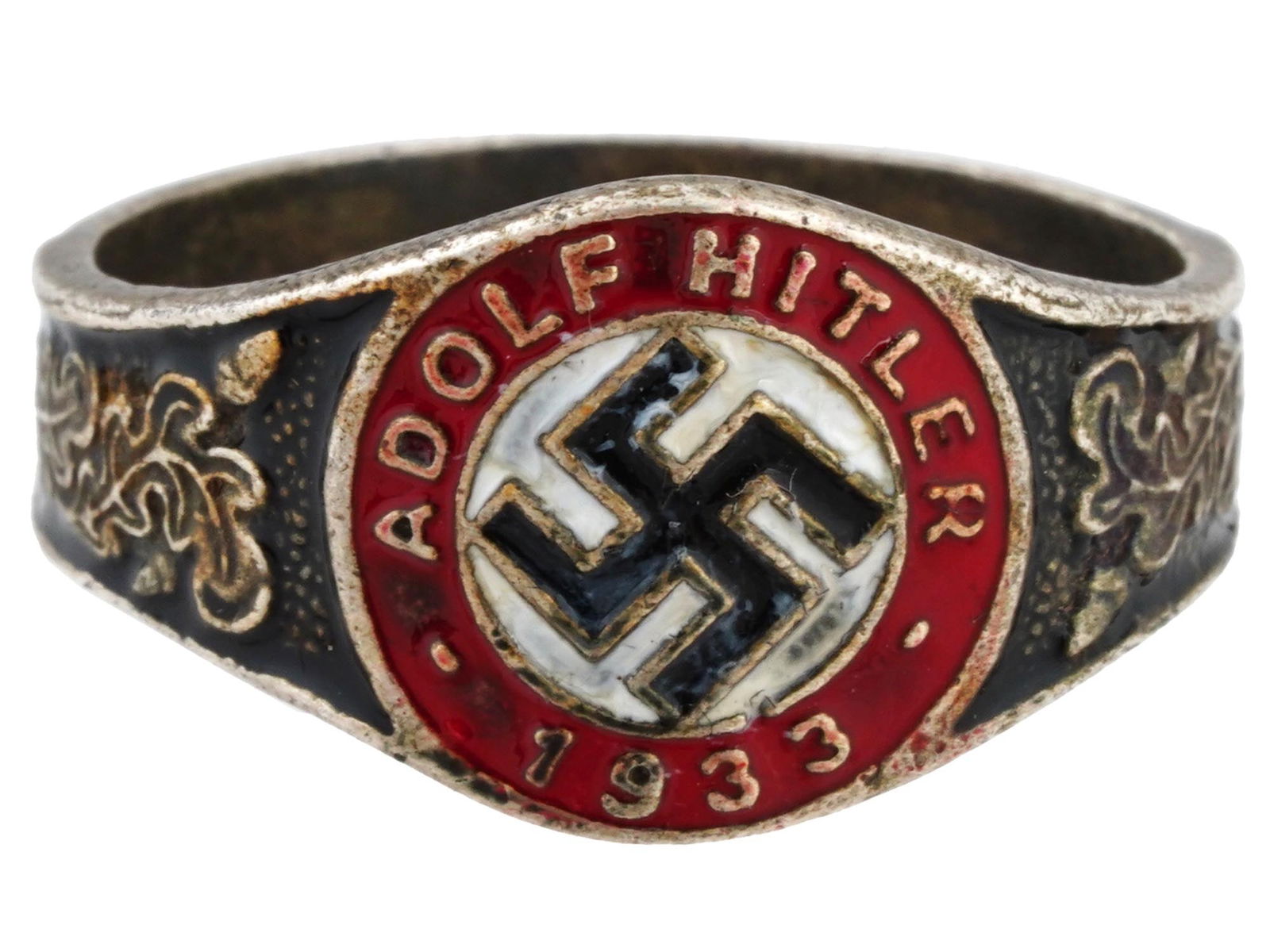 GERMAN WWII TYPE ADOLF HITLER 1933 SILVER RING: A WWII Nazi German Third Reich type Adolf Hitler 1933 elections Silver ring. The exterior of the ring is engraved with oak leaves and covered with black, red and white enamel with a swastika insignia