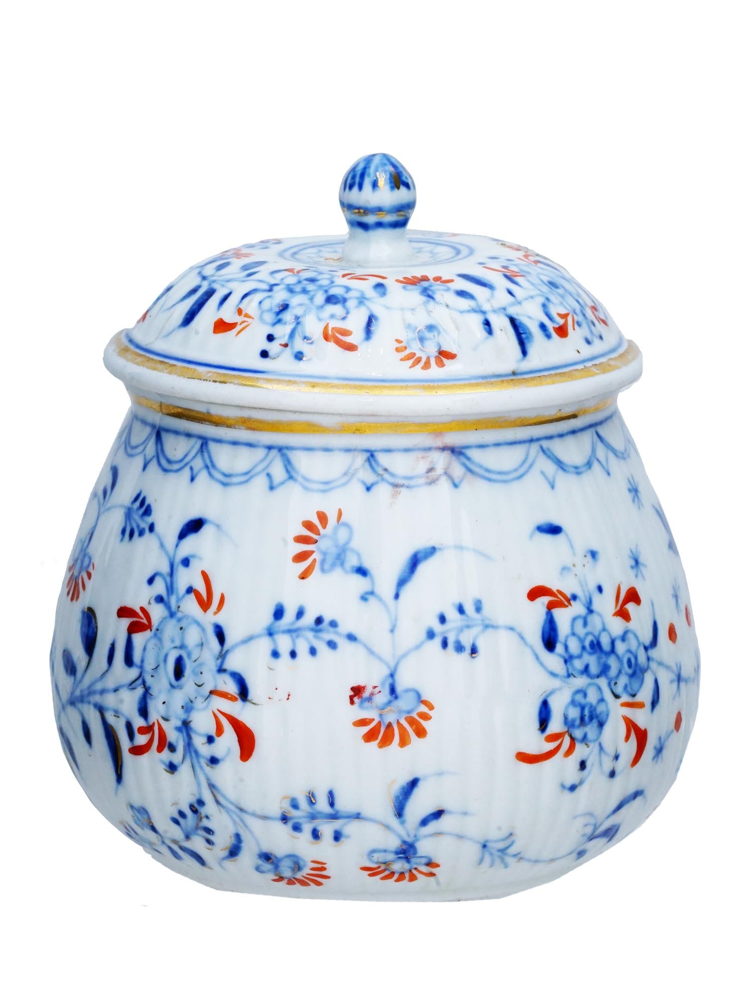 ATTR TO MEISSEN HAND PAINTED PORCELAIN SUGAR BOWL: Attributed to German Meissen lidded and hand painted porcelain sugar bowl. The body and the lid are decorated with hand painted floral, foliage, and bird motifs in cobalt blue and red shades. Marked w
