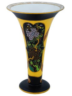 YELLOW CERAMIC VASE FROM CARLTON WARE ENGLAND: A yellow ceramic vase from the English company Carlton Ware. The vase has a shape close to conical, the top and base are black with a gold tone edging. In the center of the vase, the main design on tw