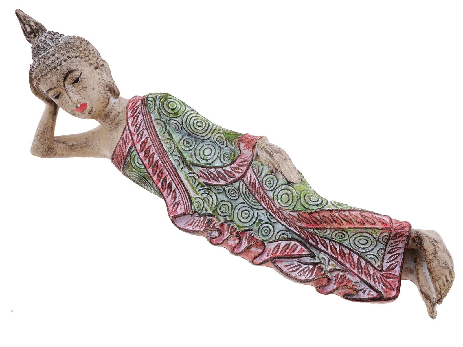 ANTIQUE ASIAN CARVED WOOD RECLINING BUDDHA FIGURINE: An antique early 20th century carved wood figurine representing a reclining Buddah. Reclining Buddha is a statue that represents Lord Buddha lying down and is a major iconographic and statuary pattern