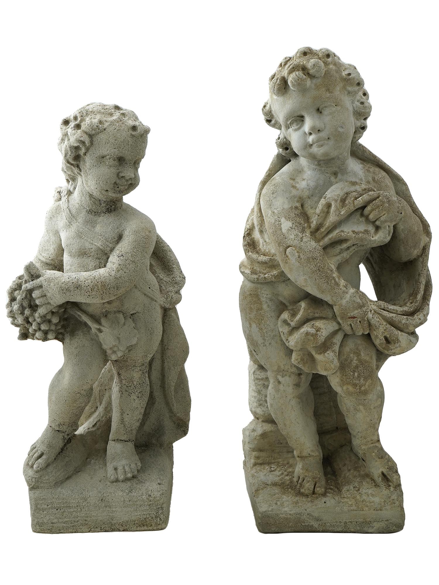 TWO ANTIQUE FRENCH ROCOCO PUTTI GARDEN SCULPTURES: A lot of two antique French rococo manner putti garden sculptures. Circa the late 19th to early 20th century. The putti are depicted standing in slightly different poses with curly short hair. The fir