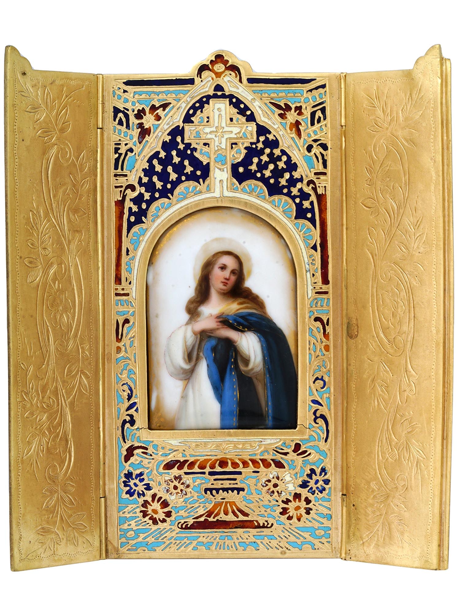 ANTIQUE MINIATURE OF VIRGIN MARY IN CLOISONNE FRAME (1 of 6)