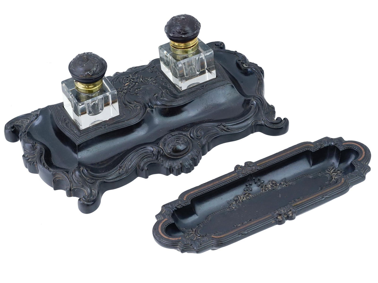 FRENCH DEPOSE PATINATED BRASS INKWELL WRITING SET (1 of 7)