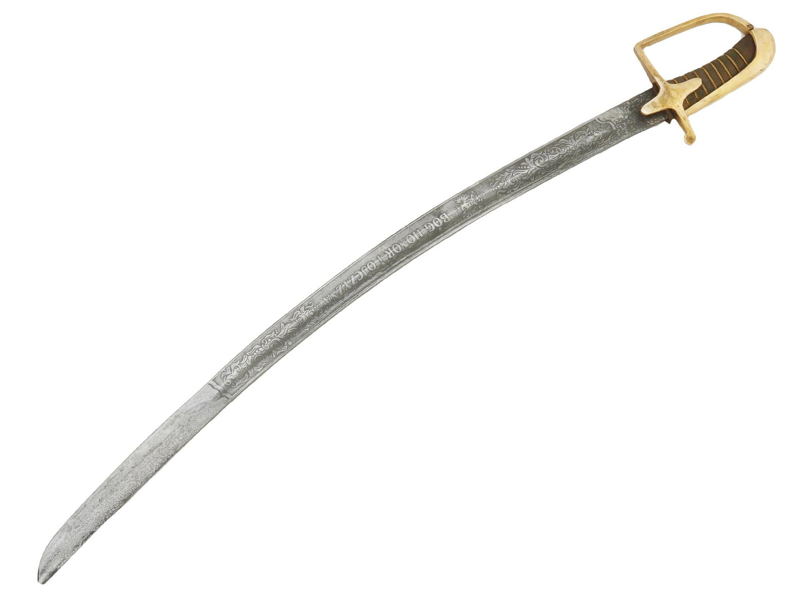 ANTIQUE POLISH OFFICERS SWORD BY ALFONS MANN WARSAW: An antique Polish officers sword. A long steel blade featuring an etched floral design and motto Bog Honor i Ojczyzna, God Honor and Fatherland. Wooden grip with twisted wire design, gilt brass cross 