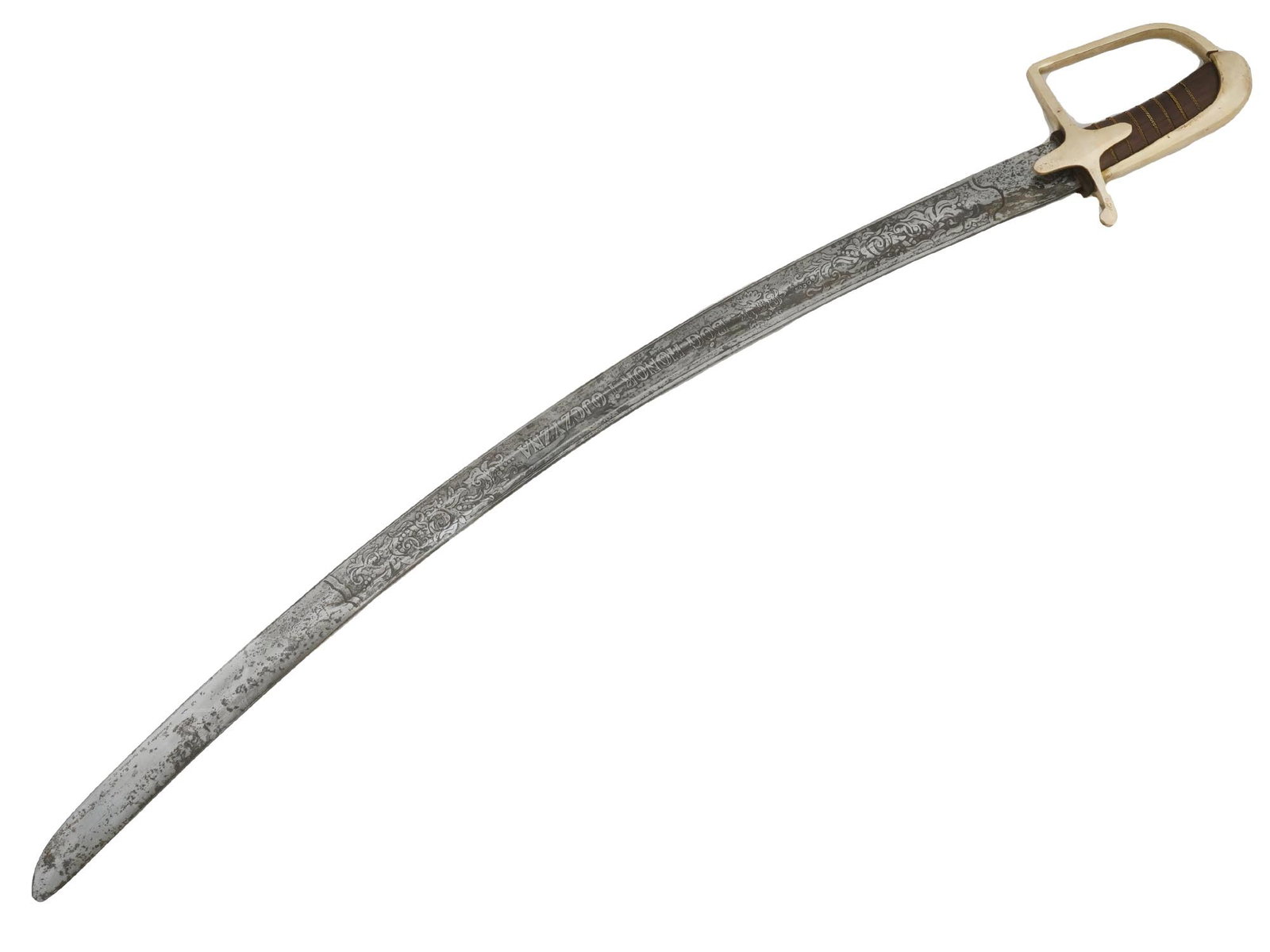 ANTIQUE POLISH OFFICERS SWORD BY ALFONS MANN WARSAW: An antique Polish officers sword. A long steel blade featuring an etched foliage design and motto Bog Honor i Ojczyzna, God Honor and Fatherland. Wooden grip with twisted wire design, gilt brass cross