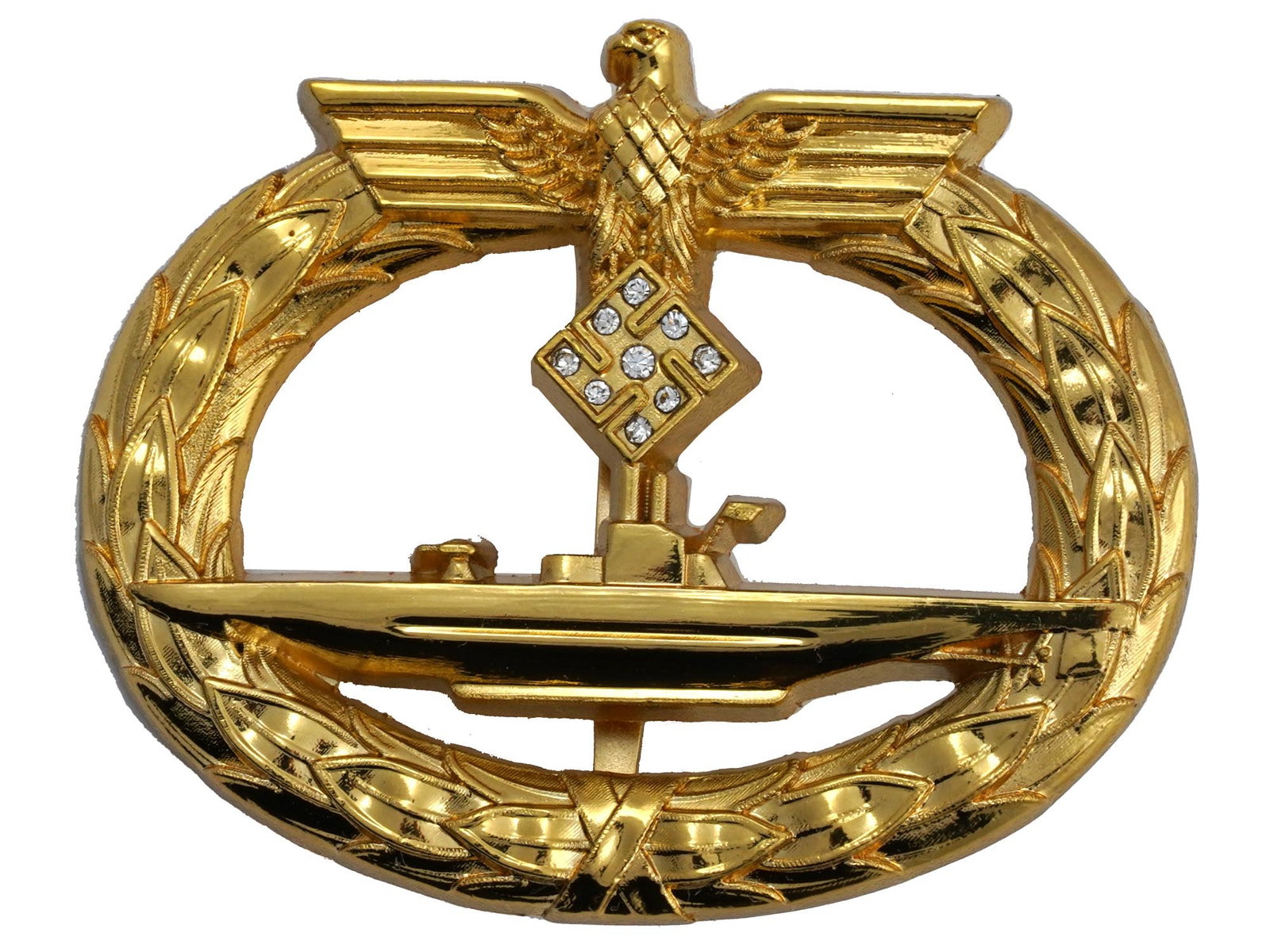 GERMAN WWII TYPE KRIEGSMARINE U BOAT BADGE: A World War II Nazi German type military decoration, Kriegsmarine U Boat badge. The item is gilt and garnished with round cut faux diamonds to the swastika emblem. Marked, Schwerin Berlin 68, on the b