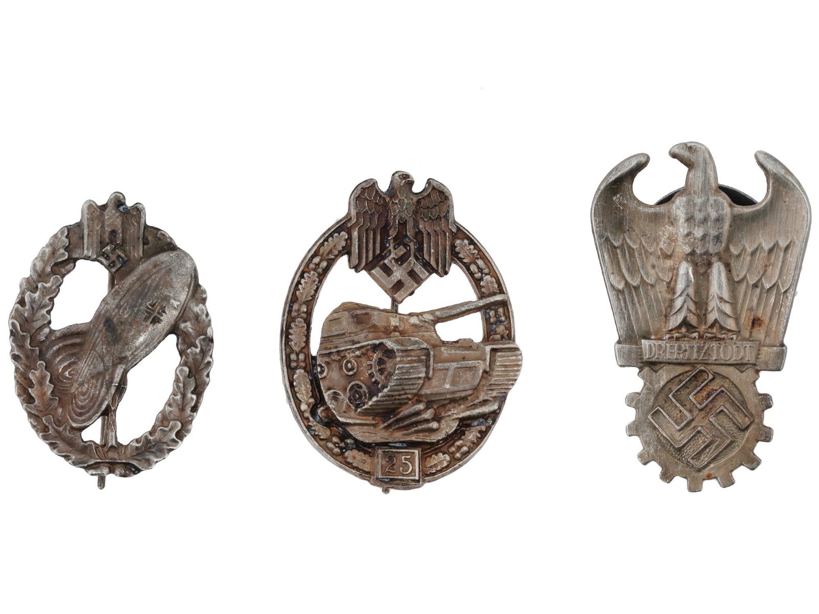 GROUP OF THREE GERMAN NAZI WWII TYPE BADGES: A lot of three WWII type Nazi German military decorations. Army Balloon Pilot badge, marked, RZM, on the backside, a Dr. Fritz Todt Labor Front Prize badge with a screwback design, marked, RZM, 215 - 