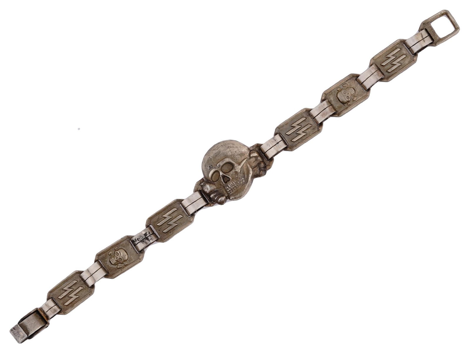 NAZI GERMAN WWII WAFFEN SS TOTENKOPF BRACELET: A WWII Nazi German Waffen SS steel nickel plated bracelet manufactured in a link design. The links are decorated with relief images of Totenkopf skulls and SS runes. The central link represents the re