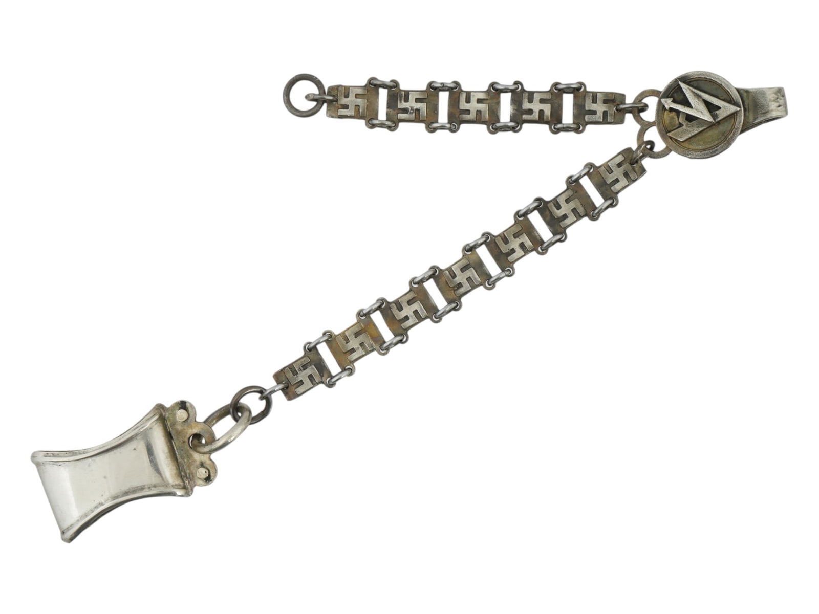 GERMAN WWII MODEL SA DAGGER CHAIN HANGERS: A World War II model Nazi German metal link chain hangers for the SA dagger. Each link depicts a relief swastika. SA emblem on the suspension. Marked RZM on the backside.Second World War Historical Co